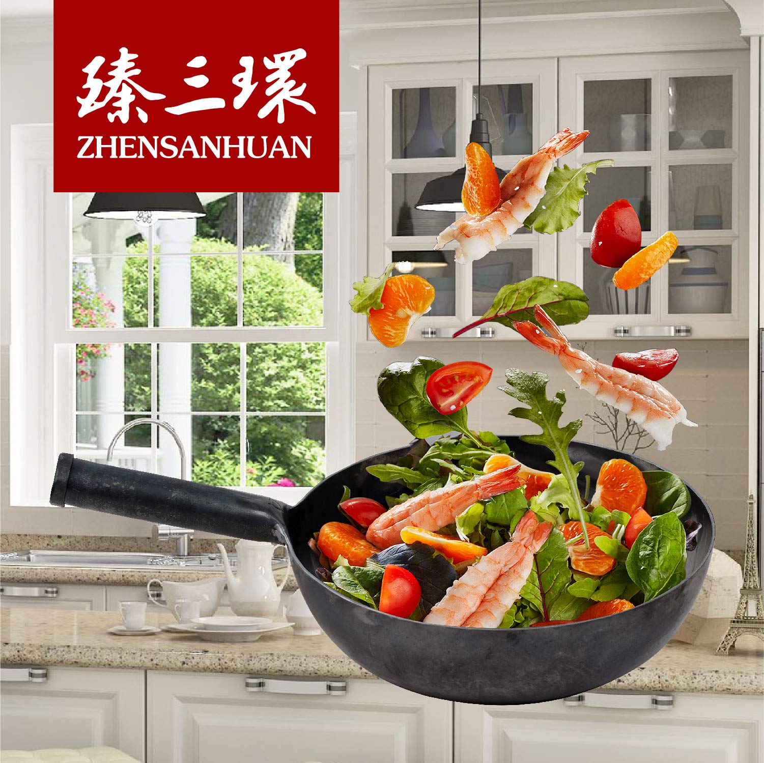 ZhenSanHuan Authentic Chinese Hand-Hammered Iron Wok - 30cm Non-Stick Carbon Steel Stir Fry Pan with Wooden Handle - No Chemical Coating, Induction Compatible - Perfect for Asian Cooking, Stir Frying & Home Kitchen Use
