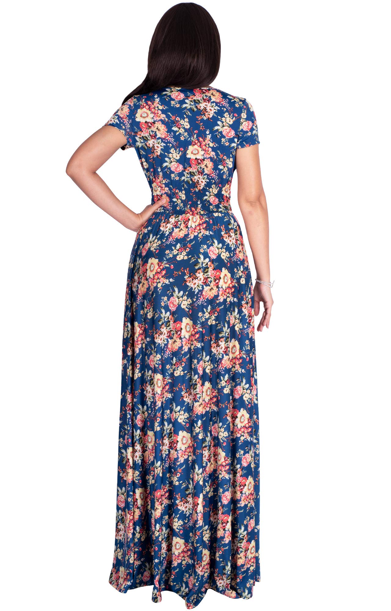 KOH KOH Women's Long Maxi Summer Dress - Floral Print Short Sleeve Flowy Modest Gown for Beach, Vacation & Casual Wear