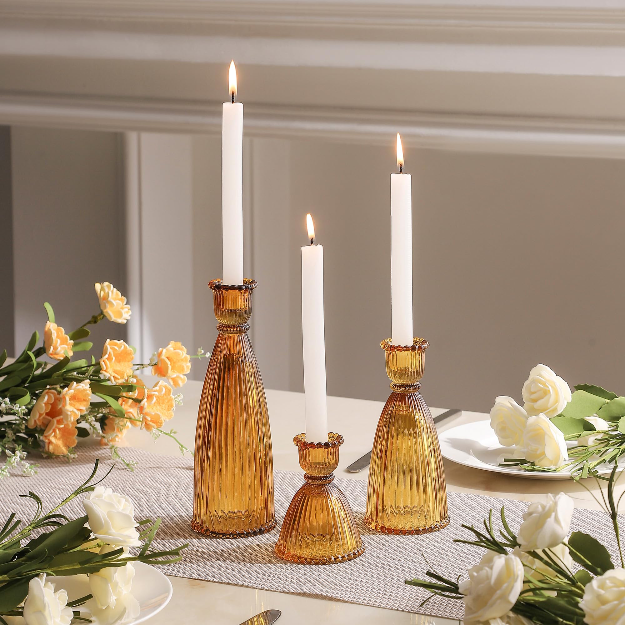 Premium Glass Vertical Stripe Candlestick Holders Set of 3 - Vintage Amber Candle Holders for Taper Candles & Table Centerpiece Decor - Perfect for Wedding, Dining Room, and Home Decoration