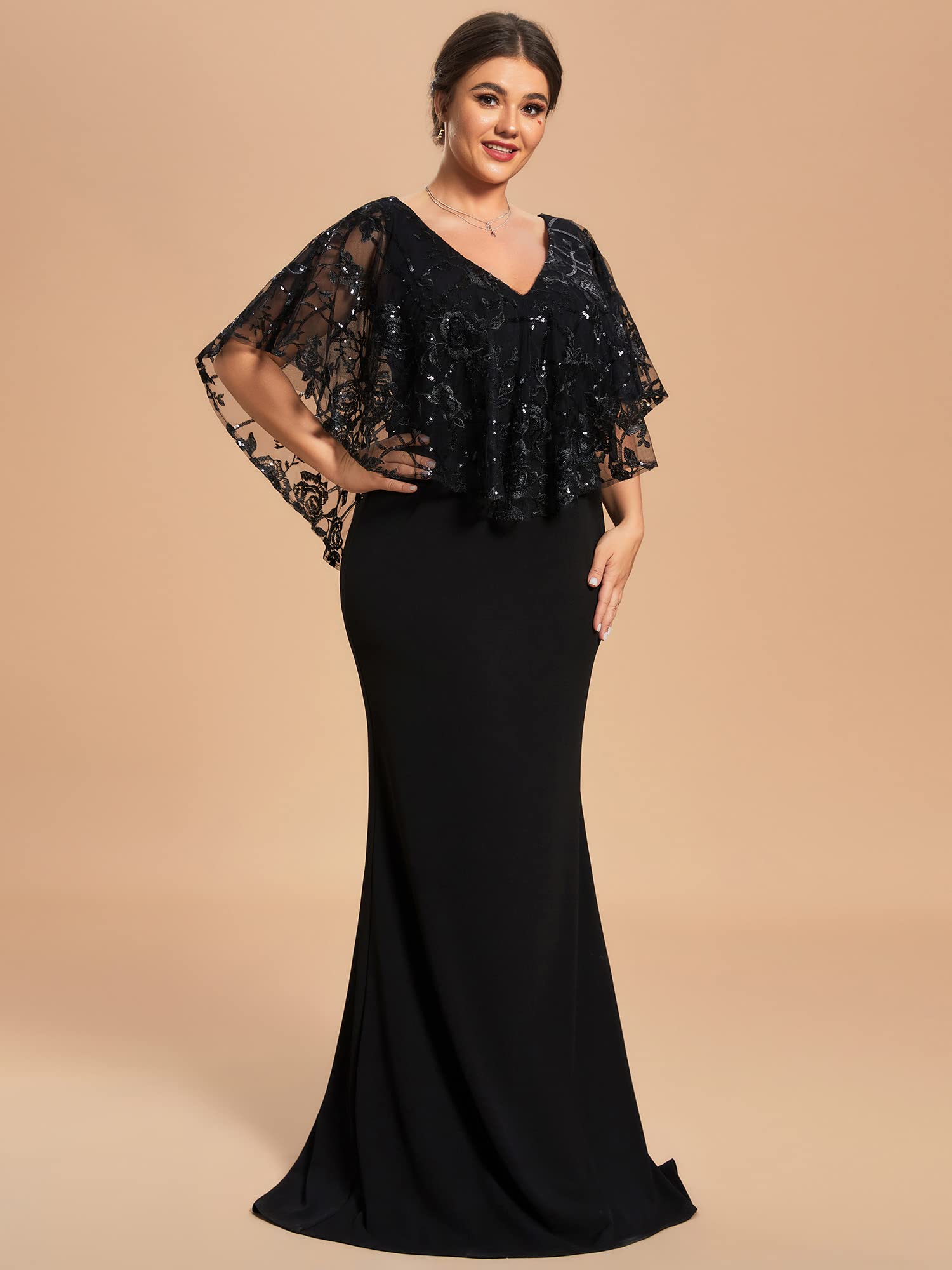 Ever-Pretty Plus Size Women's Bodycon Evening Dress with V-Neck, Short Sleeves & Sequin Shawl - Floor Length Formal Gown for Prom, Wedding & Special Occasions (Style 01798-DA)