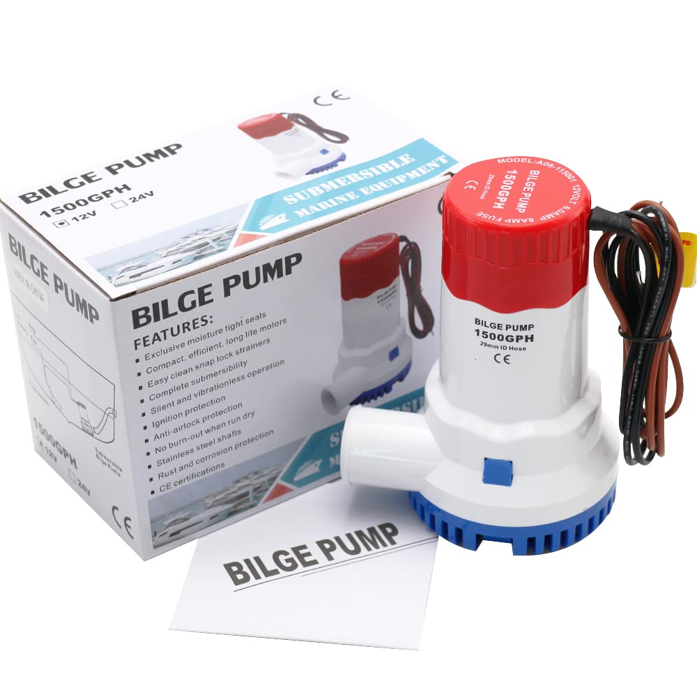 MAKERELE 12V 1500GPH Low Noise Electric Bilge Pump - Non-Automatic Water Pump for Boat, RV, Pool, Yacht & Water Tank - Ideal for Marine, Camping & Emergency Water Drainage