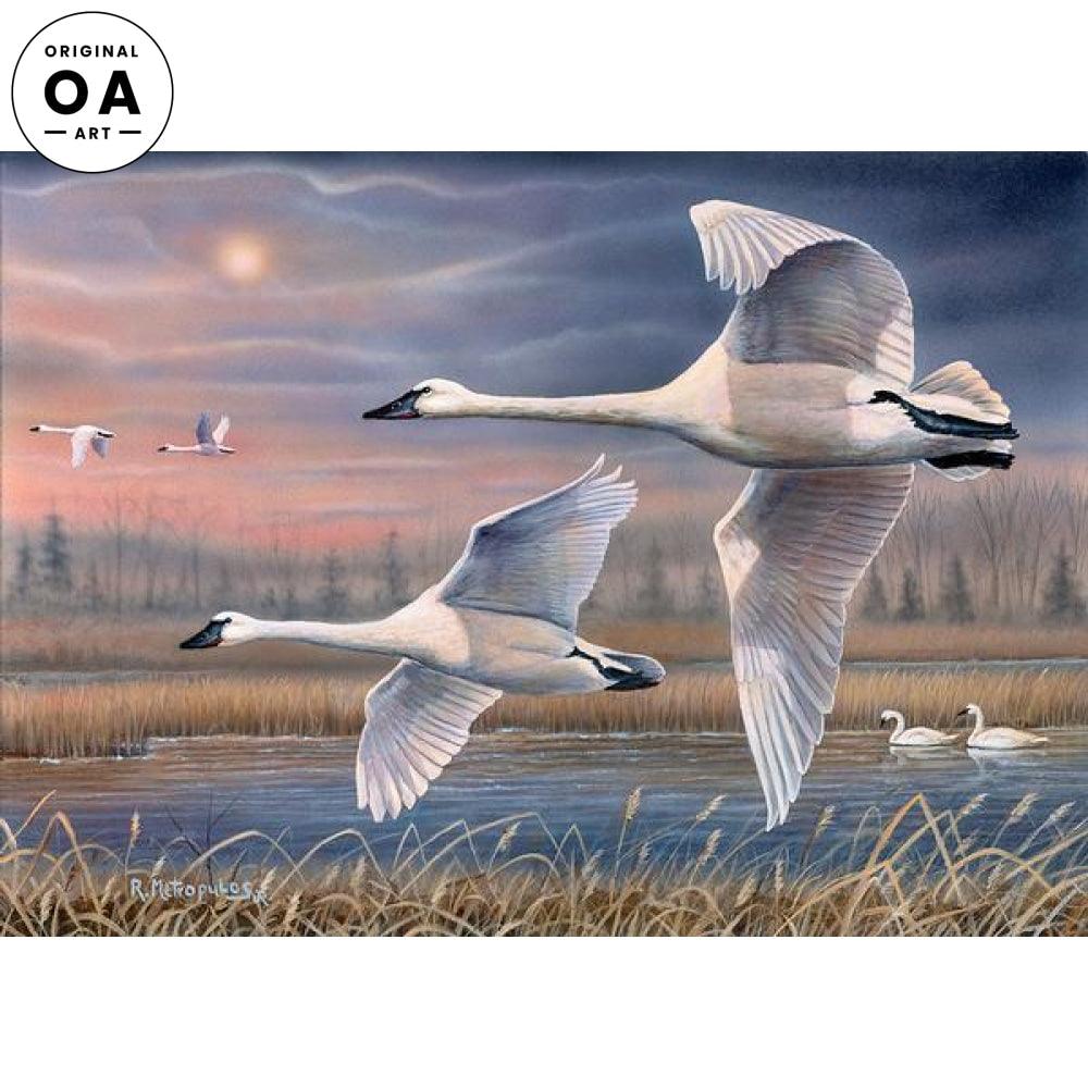 Evening Flight Trumpeter Swans Wall Art - Handmade Canvas Painting for Home & Office Decor - Perfect for Living Room, Bedroom, or Gift Idea