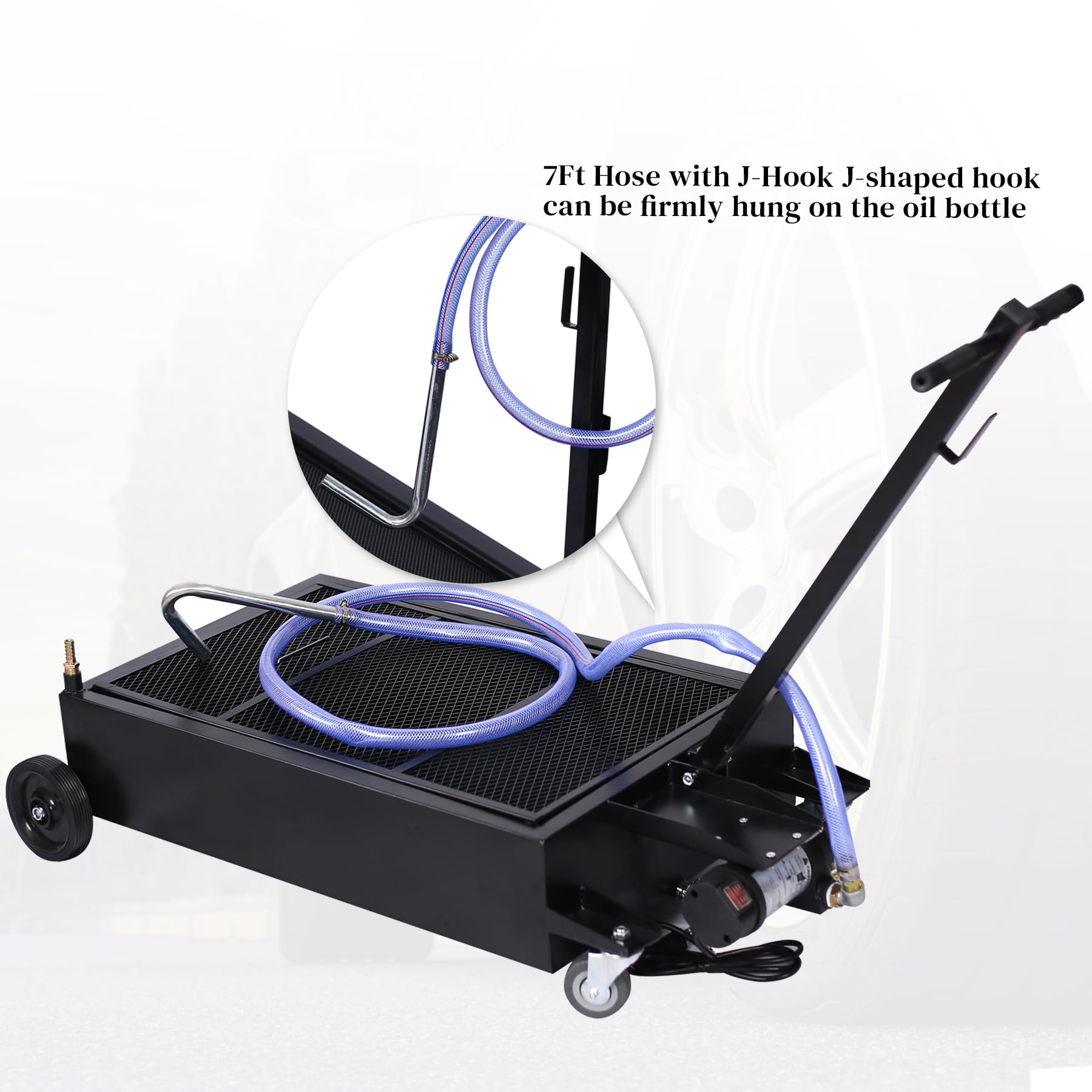 20 Gallon Oil Drain Pan with Electric Pump - Low Profile Oil Change Pan with T-Handle & J-Hook for Easy Draining - Heavy Duty Black Oil Pan for Garage, Workshop & DIY Car Maintenance