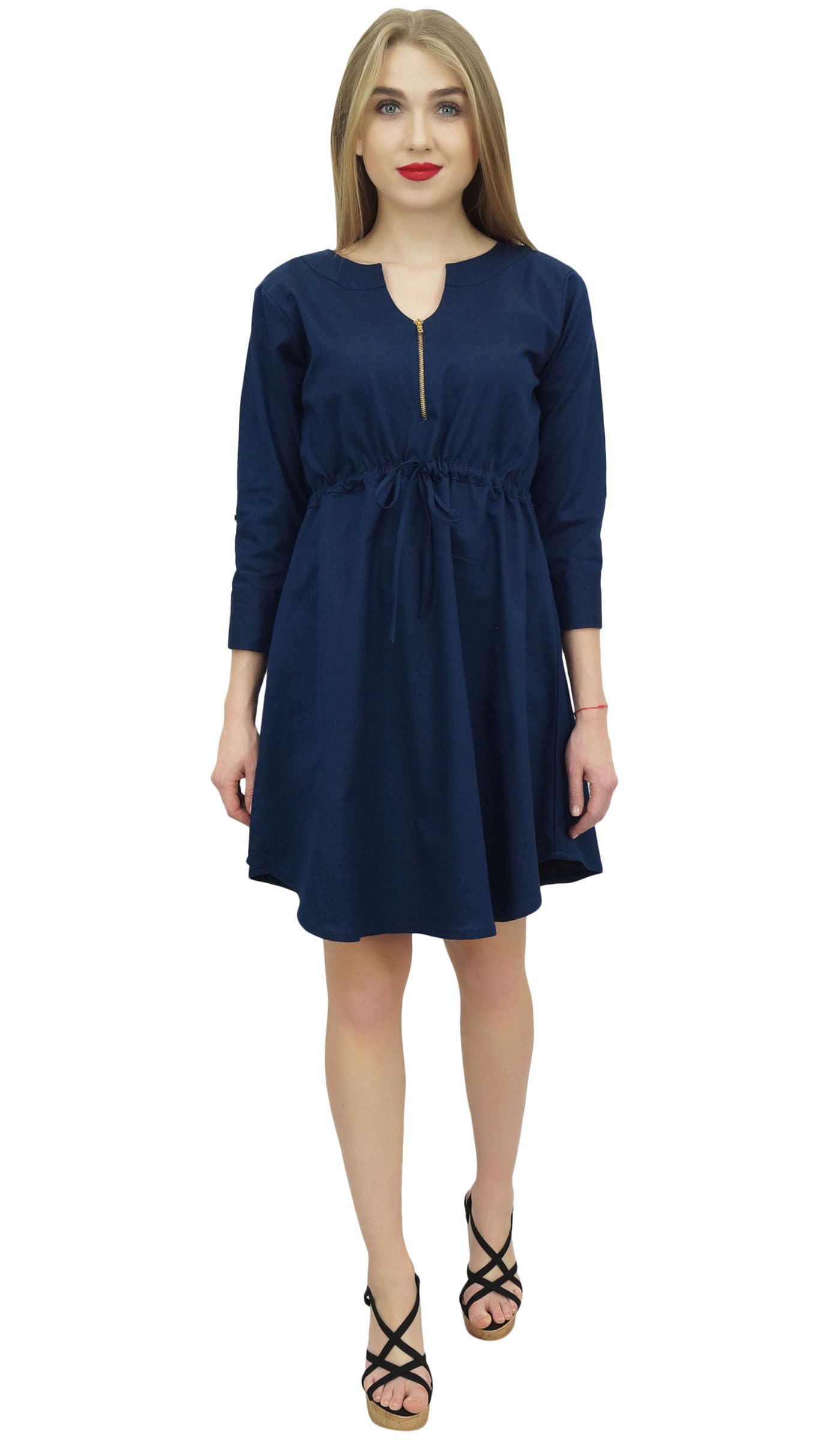 Bimba Women's Short Denim Casual Dress with Drawstring Waist - Summer Beach Outfit, Casual Wear, Street Style Fashion