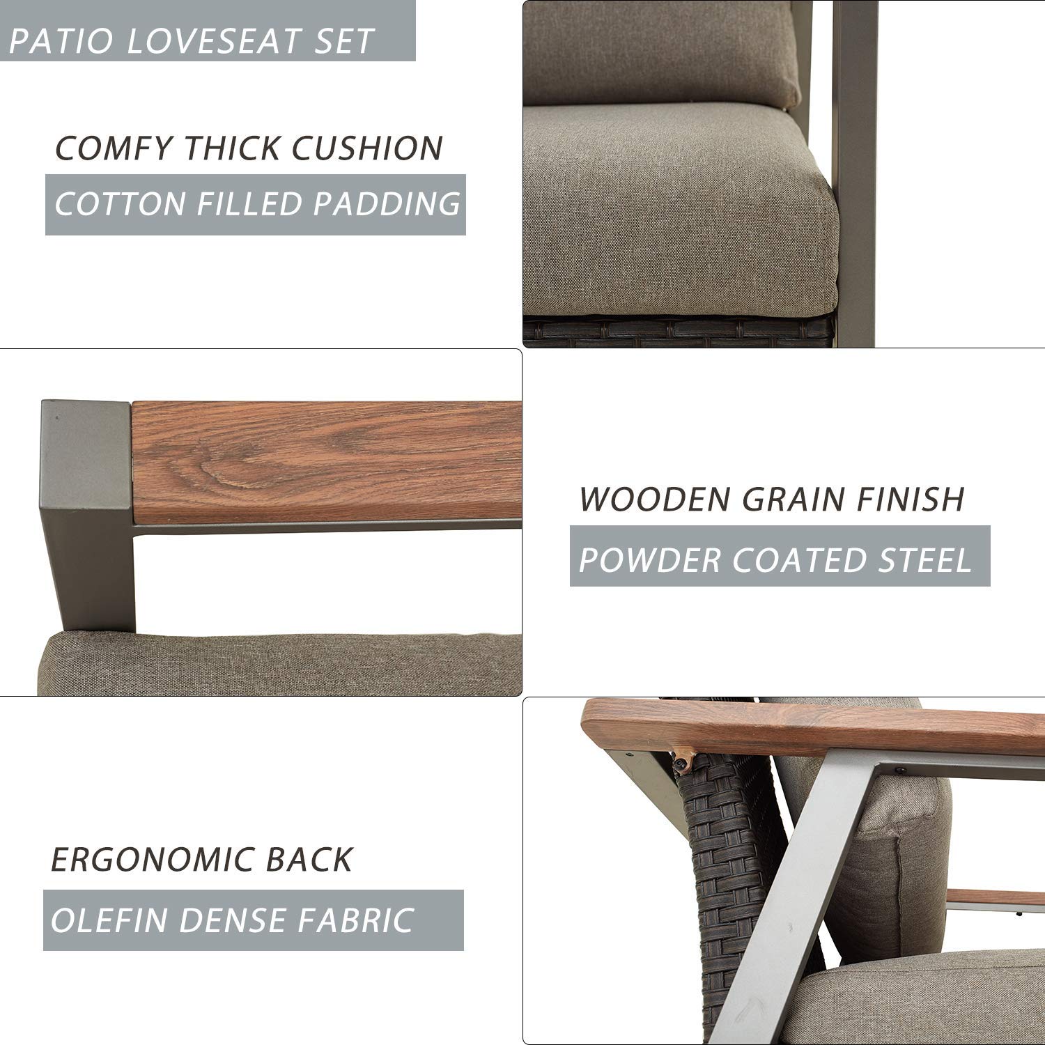 Festival Depot 4-Piece Outdoor Patio Conversation Set - Wicker Armchairs & Loveseat with Thick Cushions + Metal Frame Coffee Table - Grey Garden Furniture for Backyard, Poolside & Terrace Relaxation