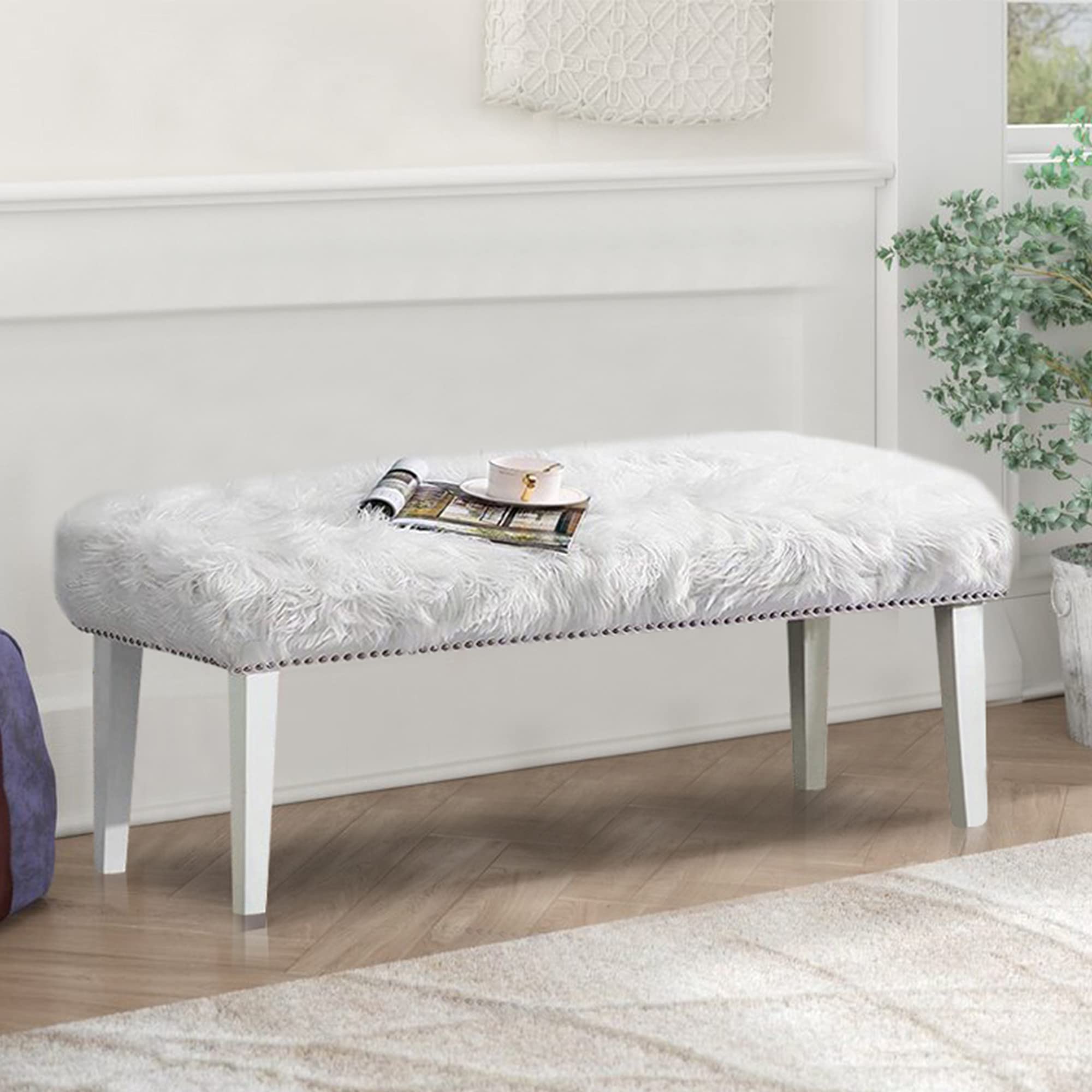 Alunaune White Bed Bench - Faux Fur Ottoman Upholstered Modern Fluffy Entryway Bench with Wood Legs | Bedroom Footrest Stool & Living Room Decor