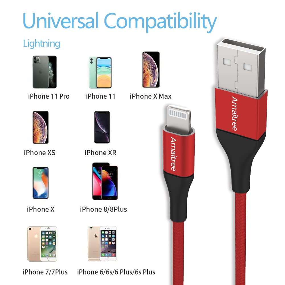 Apple MFi Certified Lightning Cable 6Ft 2-Pack - 3A Fast Charging USB-A to Lightning Woven Braided Cable for iPhone 14/13/12/11/XS/XR/8/7/6/5 - Durable CarPlay Charging Cord (Red) - Perfect for Home, Office & Travel Use