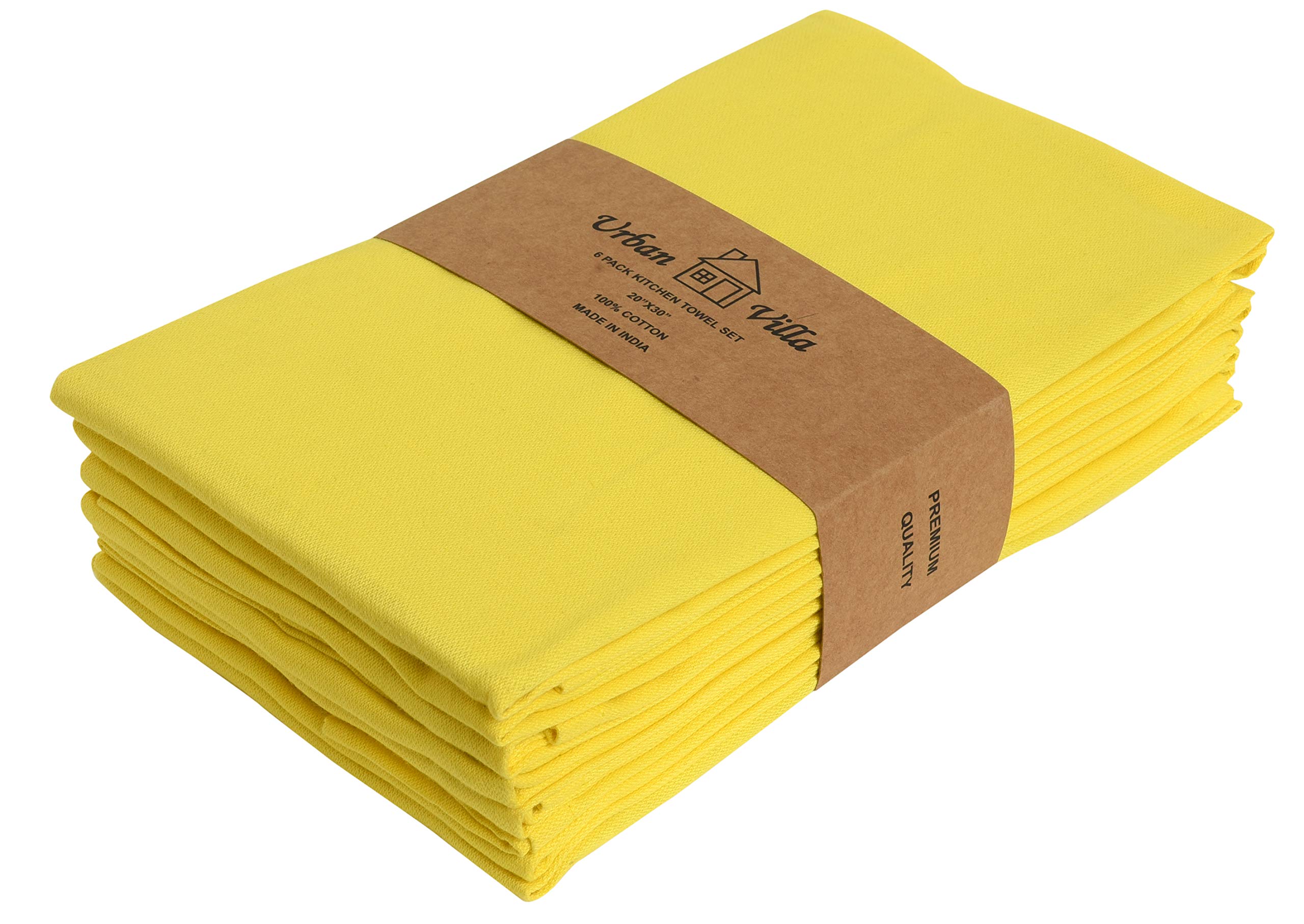 Premium 100% Cotton Kitchen Towels Set of 6 - Ultra Soft & Highly Absorbent 20x30 Inches Yellow Dish Towels for Cooking, Baking & Cleaning - Urban Villa Solid Kitchen Towels