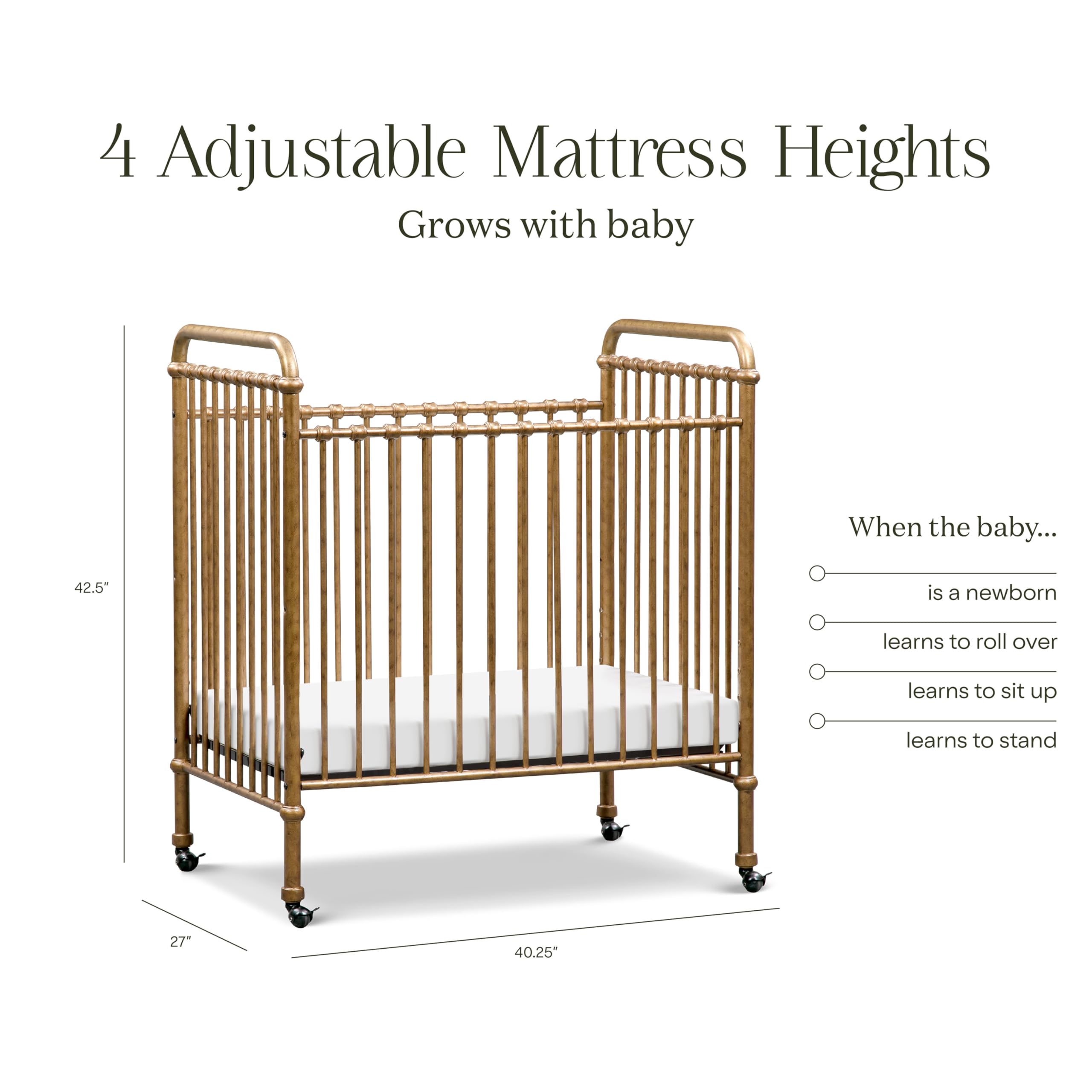 NAMESAKE Abigail 3-in-1 Convertible Mini Metal Crib in Vintage Gold - Greenguard Gold Certified Safe Nursery Furniture for Small Spaces | Perfect for Apartments, Nursery Rooms & Guest Bedrooms