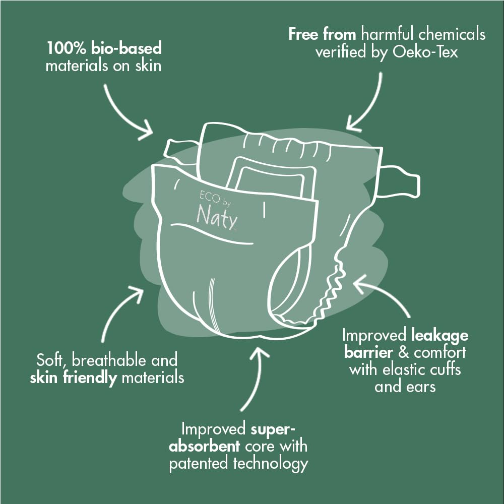 Eco by Naty Eco-Friendly Baby Diapers - Hypoallergenic, Super Absorbent & Soft for Sensitive Skin | 100% Plant-Based Biodegradable Materials | Size 4 (156 Count) | Perfect for Overnight Use & Gentle on Newborn Skin