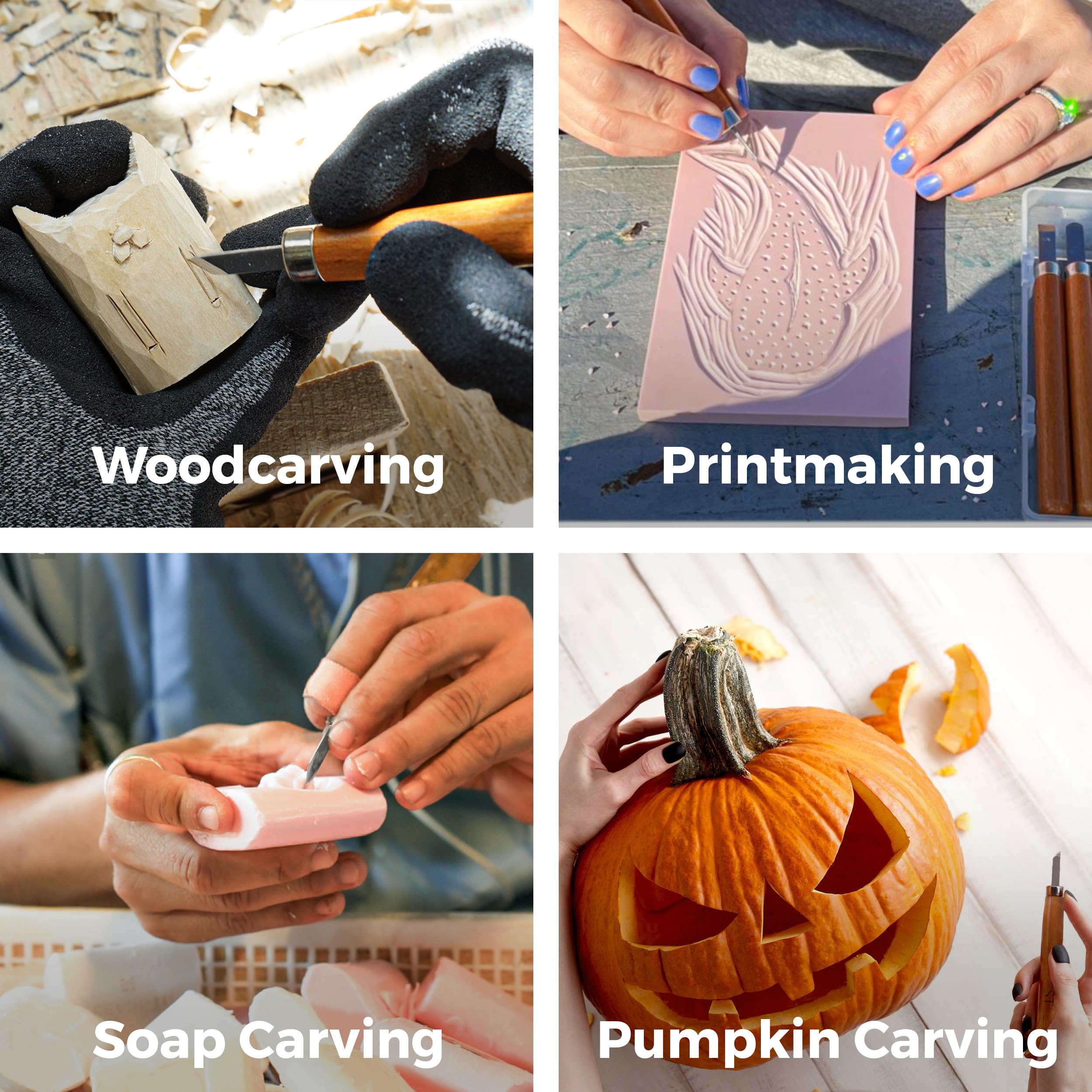 15pc Wood Carving Kit with Sharp Knives & Chisels for DIY Crafts - Beginner-Friendly Woodworking Tools