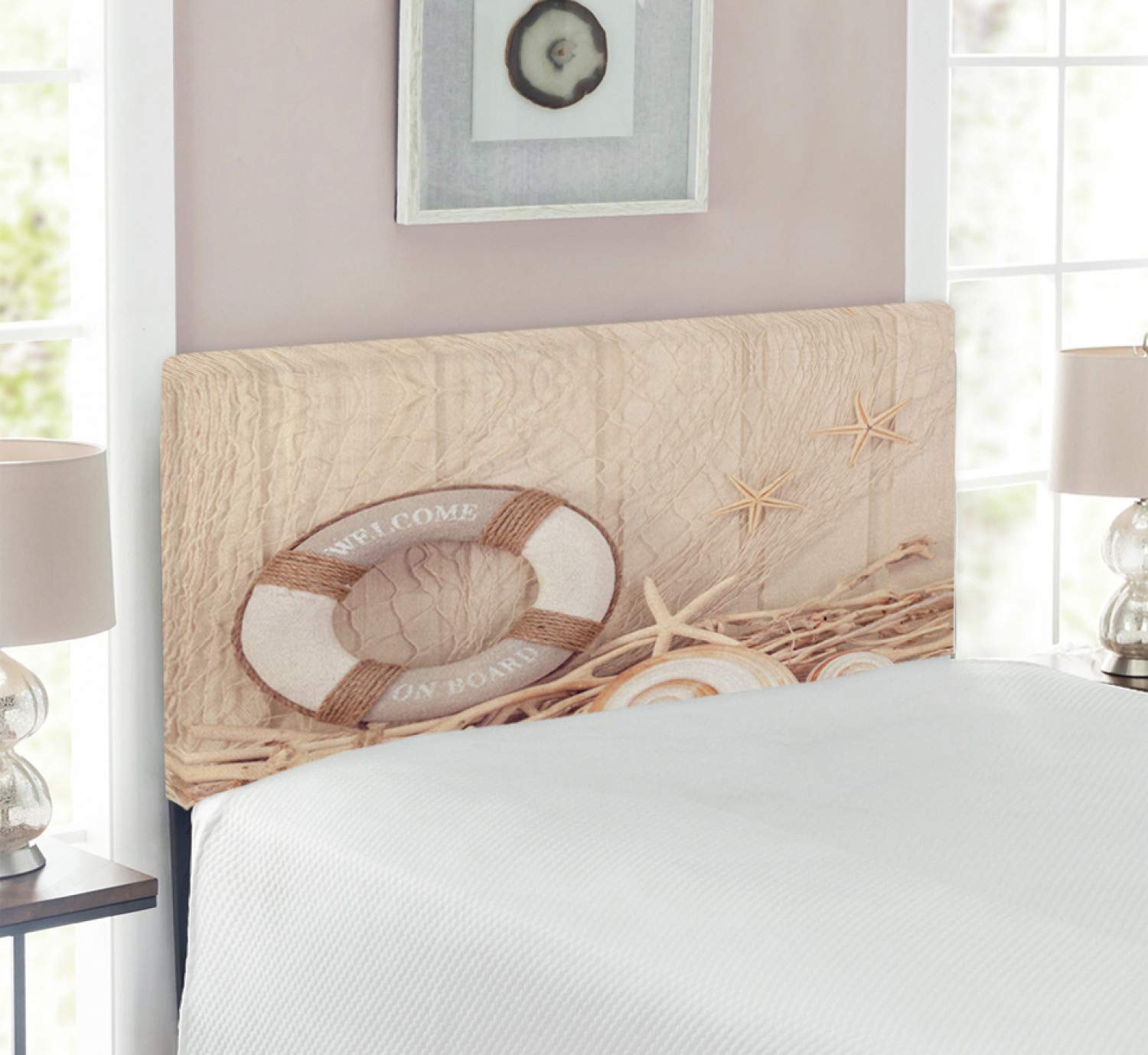 Ambesonne Coastal Headboard - Wooden Sepia Fishnet Holiday Maritime Theme Print - Upholstered Decorative Metal Bed Headboard with Memory Foam - Twin Size in Tan Beige White - Perfect for Beach House, Nautical Bedroom & Coastal Decor