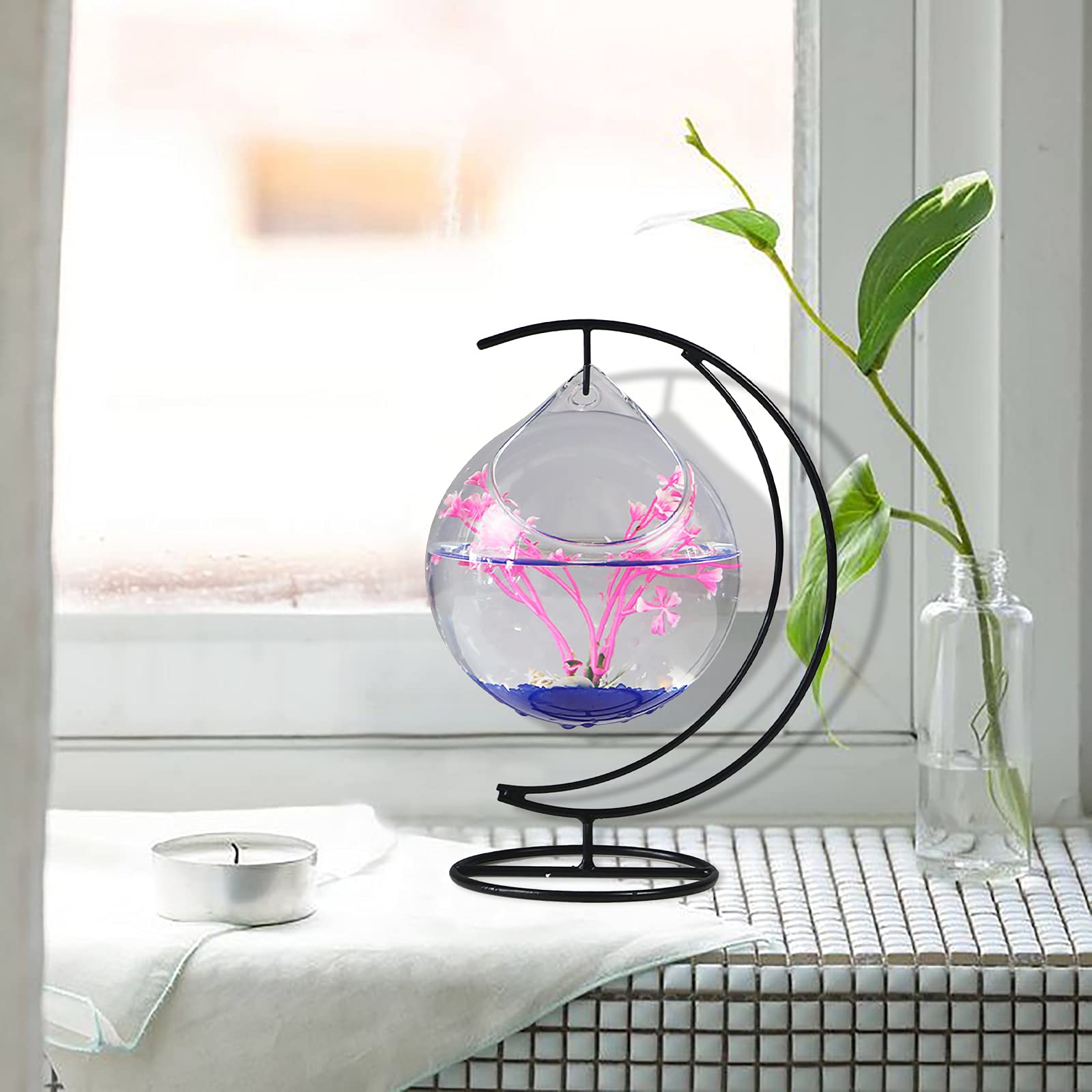 Small Hanging Glass Fish Tank with Stand - Mini Aquarium Bowl for Betta Fish, Clear Plant Terrarium | Perfect for Home, Office Desk Decor & Zen Relaxation Spaces