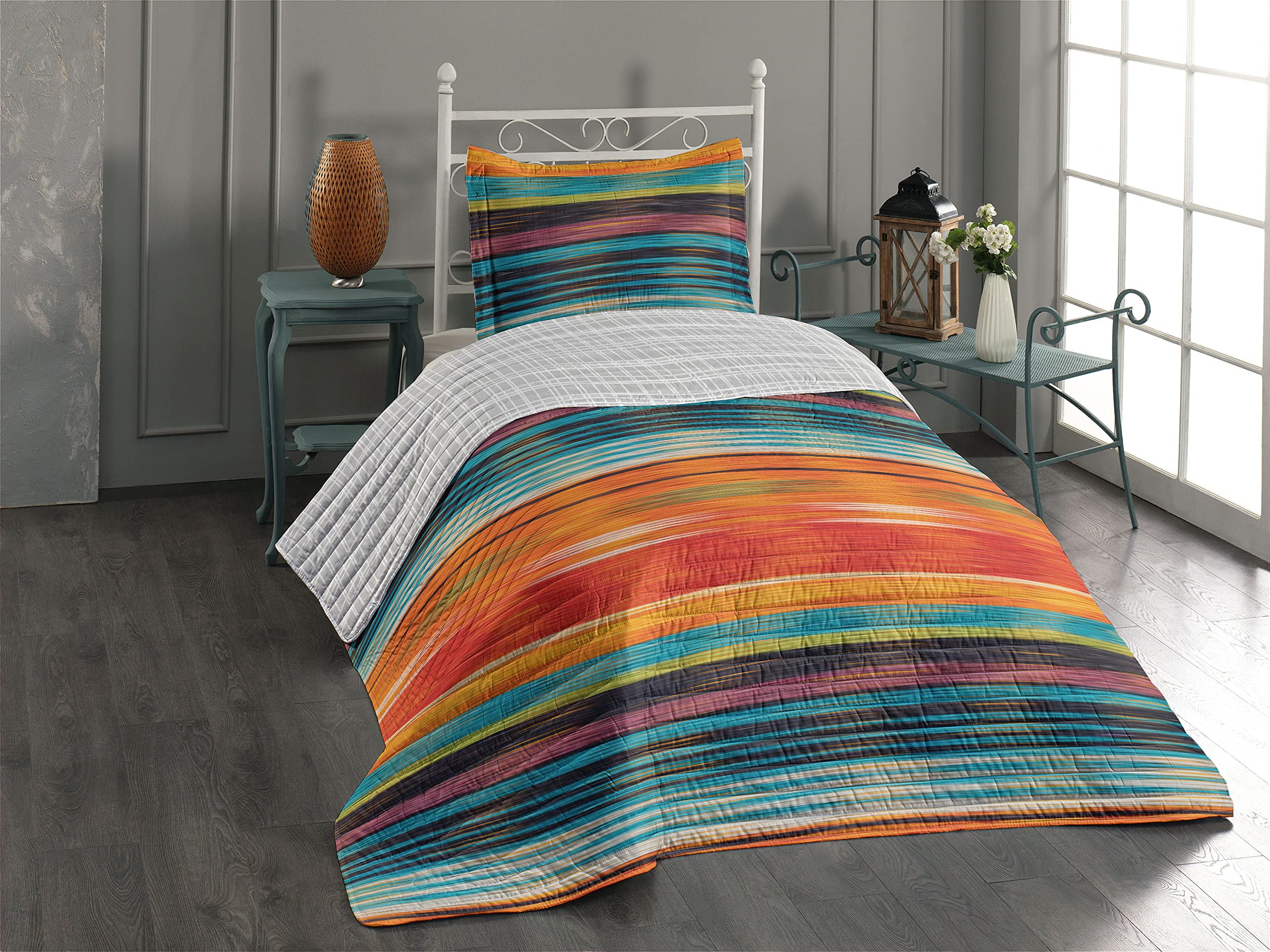 Ambesonne Mexican Reversible Bedspread Set - Vibrant Aztec Design Microfiber Bedding with Pillow Shams, Twin Size in Lilac Blue Orange | Boho Chic Home Decor for Bedroom, Dorm & Guest Room
