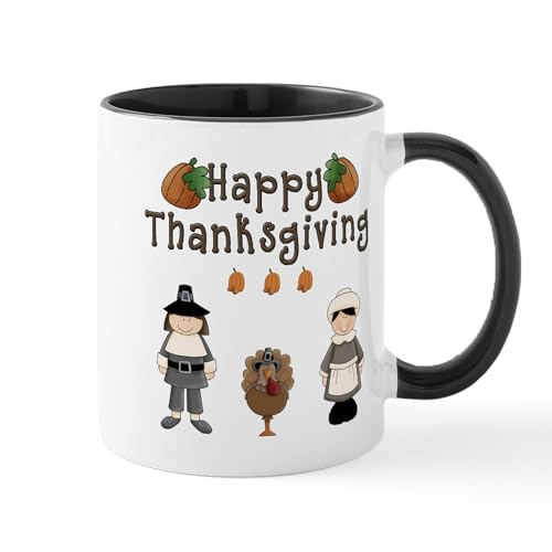White/Black Inside - Happy Thanksgiving Pilgrims And Turkey Mugs