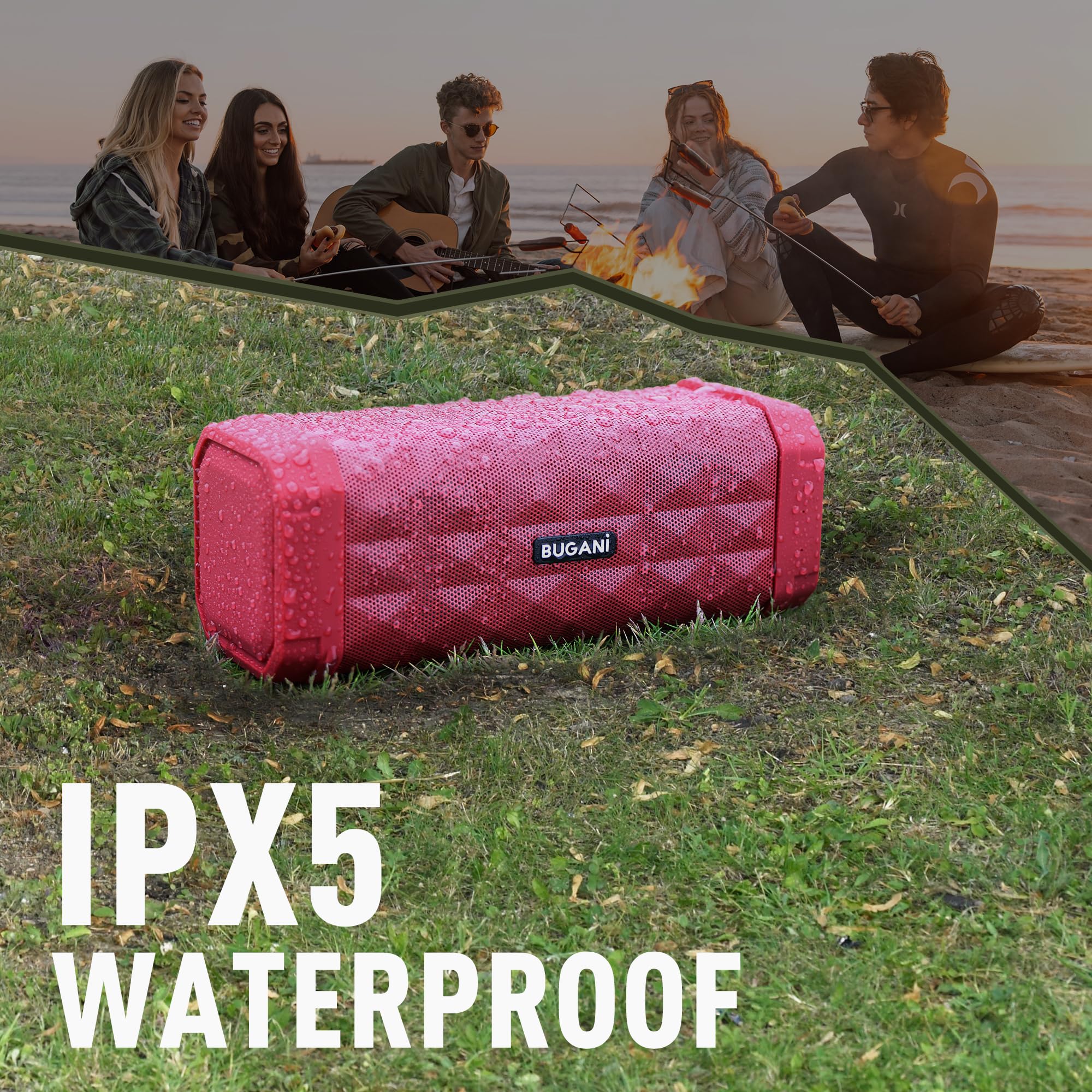 BUGANI M99 Bluetooth Speaker - Wireless Portable Speaker with Stereo Sound, 24H Playtime, 100ft Range, IPX5 Waterproof & Built-in Mic - Perfect for Home, Outdoor, Travel, Camping, Beach & Parties (Red)