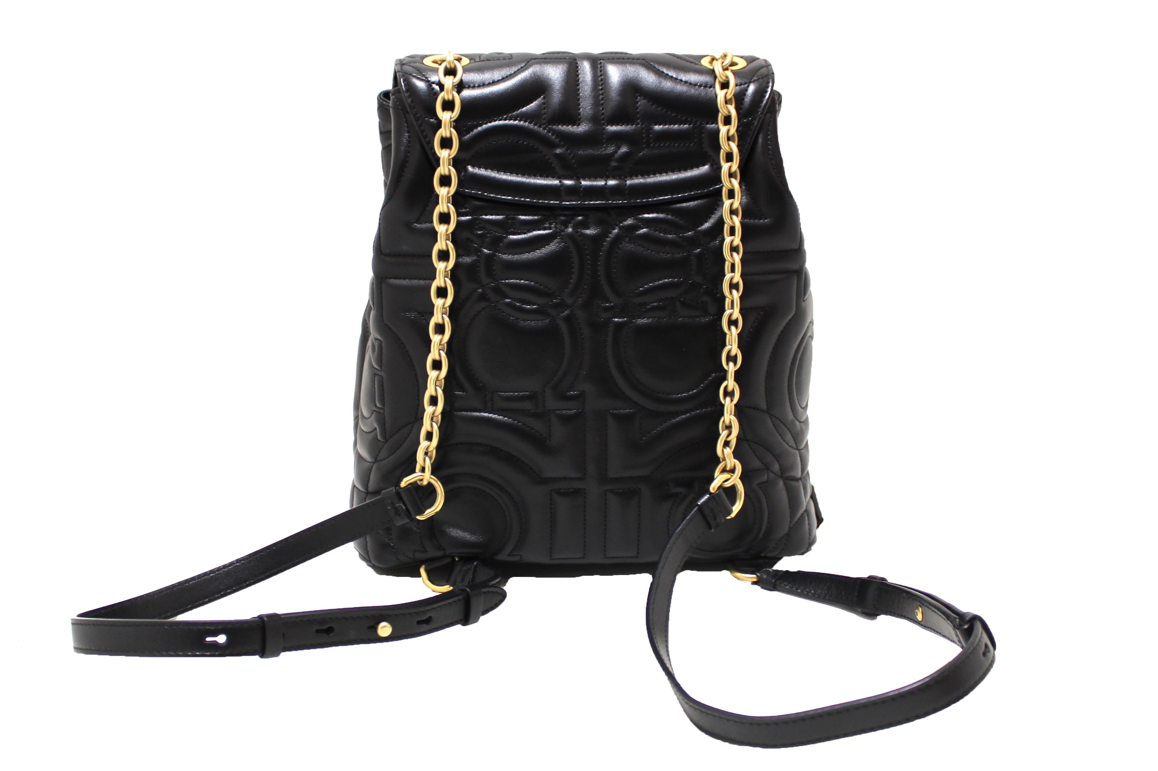 Authentic Salvatore Ferragamo Black Gancini Quilted Leather Medium Backpack for Women | Luxury Designer Handbag for Work, Travel & Everyday Use