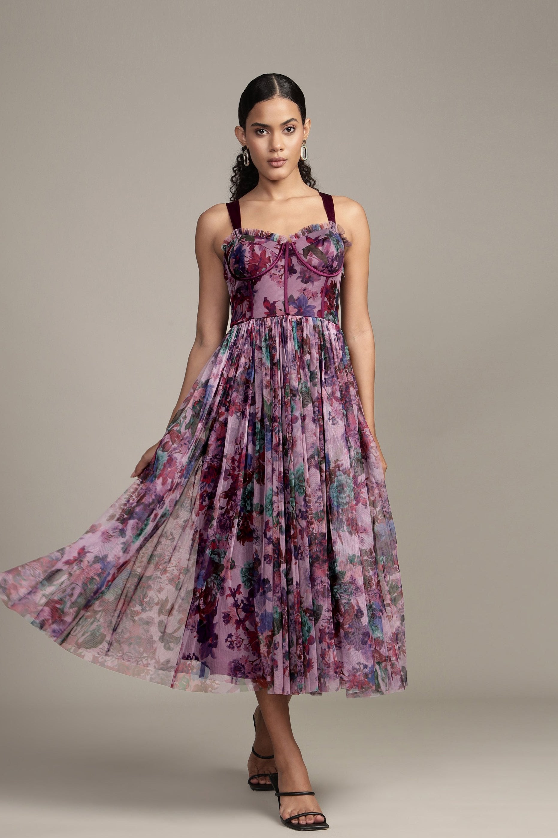 Elegant Dane Purple Print Corset Midi Dress for Women | Vintage-Inspired Floral Bodycon Dress | Perfect for Cocktail Parties, Date Nights & Special Occasions