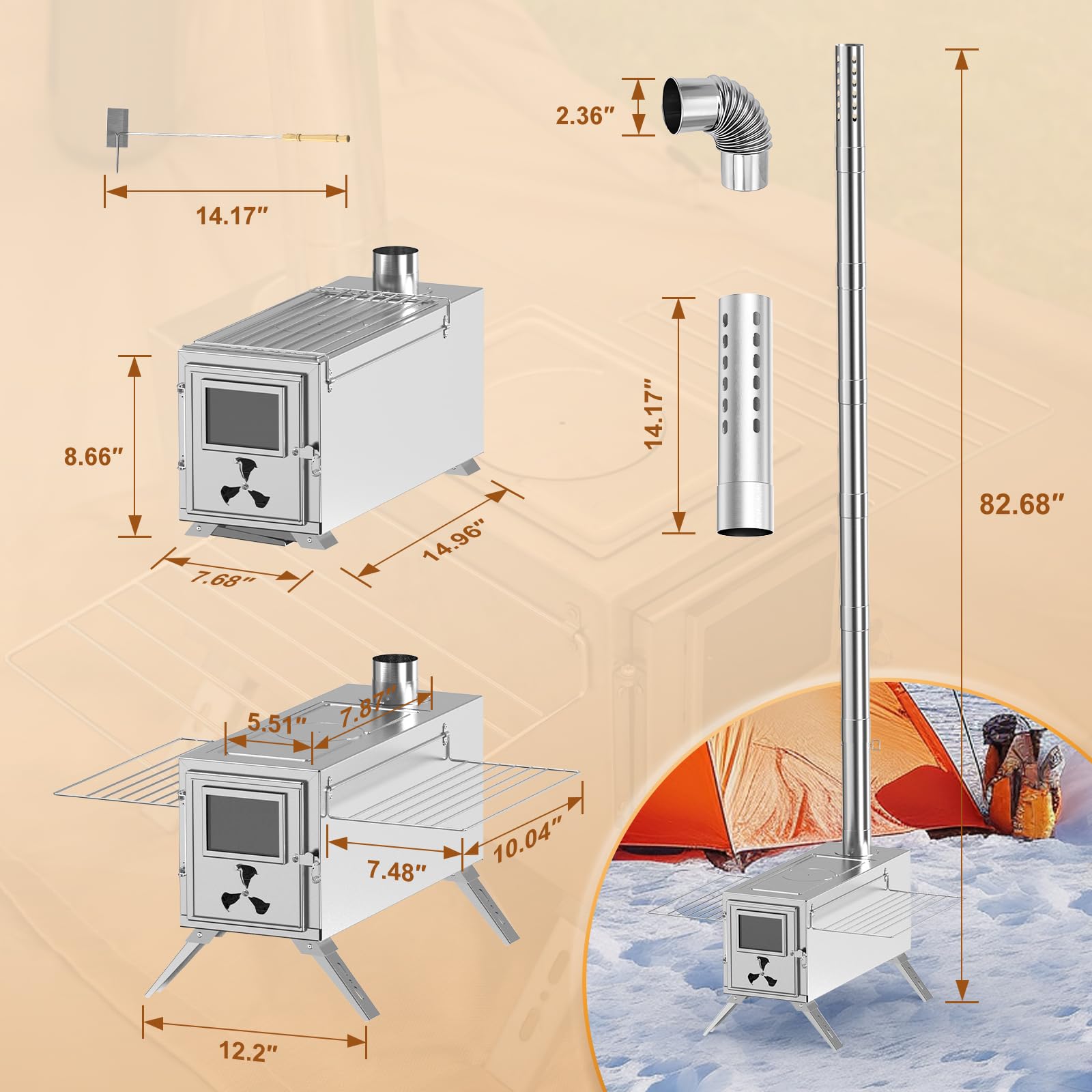 Portable Camping Wood Burning Stove - 7-Piece Stainless Steel Chimney Pipe Hot Tent Stove with Foldable Shelves | Outdoor Heating & Cooking Stove for Camping, Hunting, Ice Fishing Shanty & Survival Gear