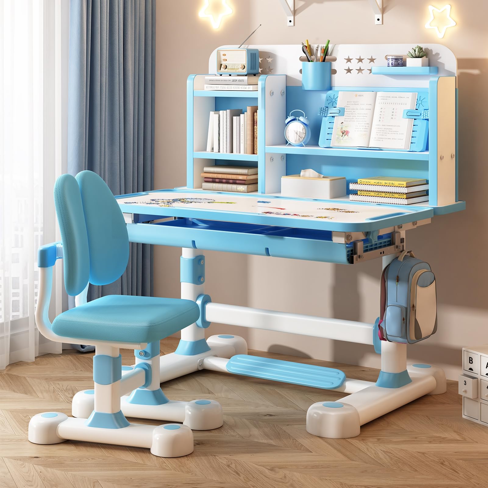 Adjustable Kids Desk and Chair Set - Ergonomic Study Table with Book Stand & Foot Pedal for Children - Blue Height-Adjustable Student Desk for Home Schooling, Online Learning & Homework Station