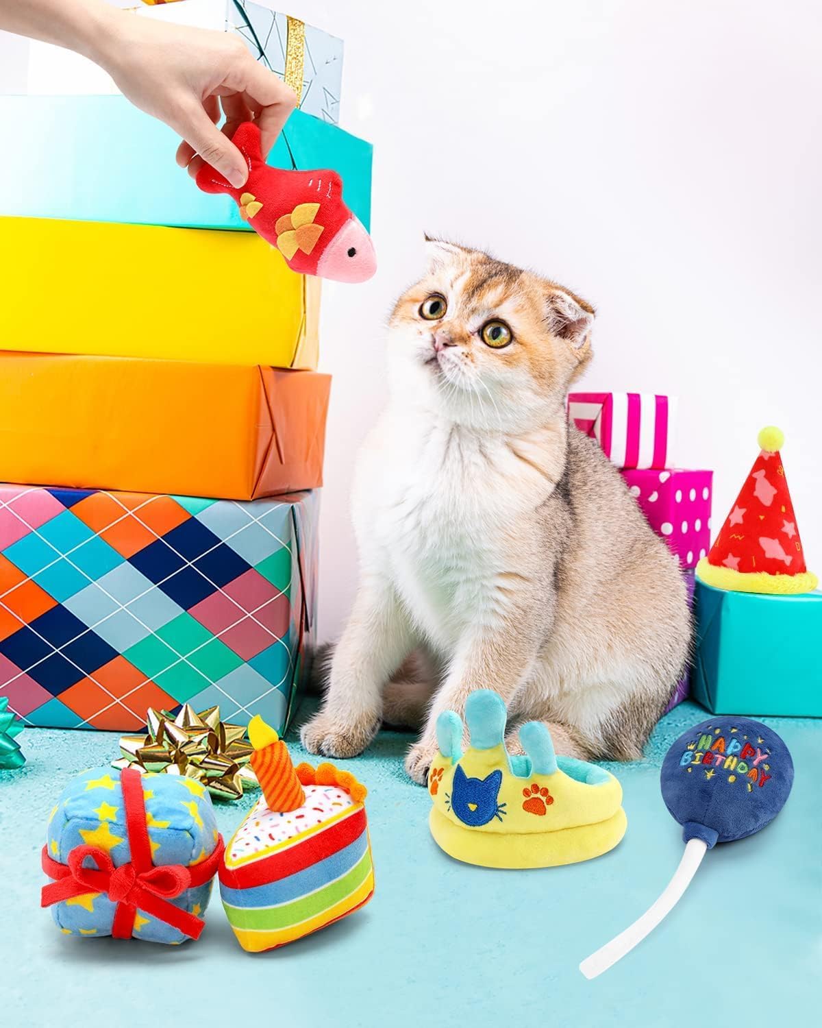 CIYVOLYEEN 6PCS Catnip Toys for Cats - Birthday Themed Interactive Kitten Toys with Plush Fish, Cake & Crown - Perfect Cat Litten Gift for Cat Lovers | Great for Playtime, Chewing & Kicking Fun