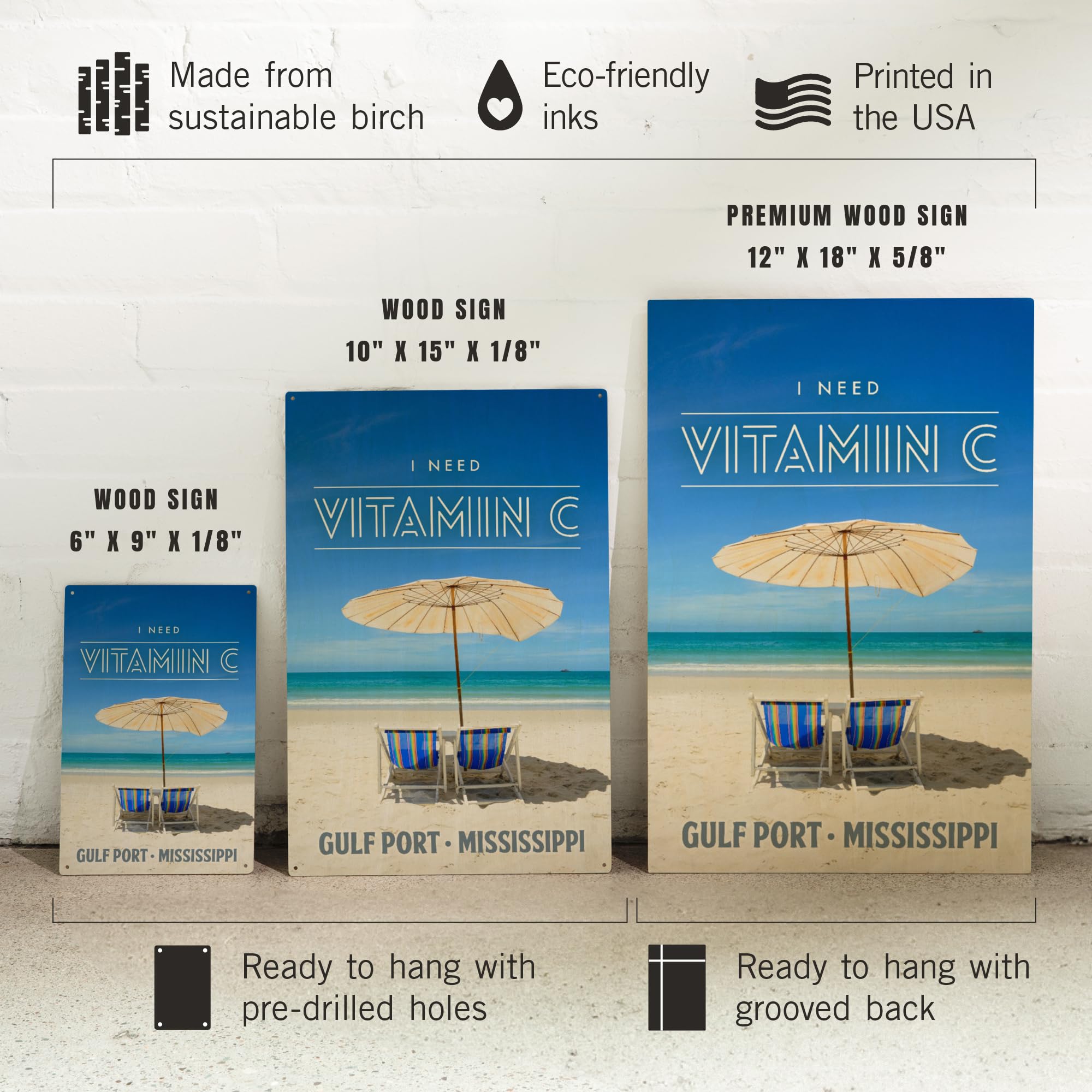 Lantern Press 10x15 Inch Wooden Wall Sign - Ready to Hang Coastal Decor Featuring Gulfport Mississippi Beach Scene with 'I Need Vitamin C' Design - Perfect for Beach House, Porch, or Living Room Decor