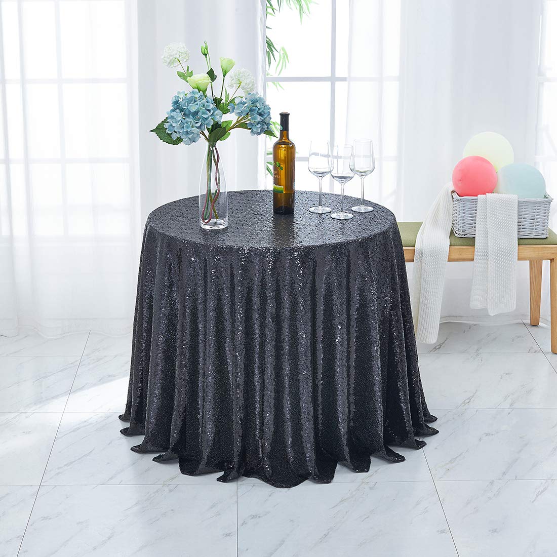 50 Inch Round Black Sequin Tablecloth - Glitter Party Table Cover for Bridal Showers, Weddings, Birthdays, Banquets & Dessert Tables | Elegant Event Decor for Home & Restaurant Celebrations