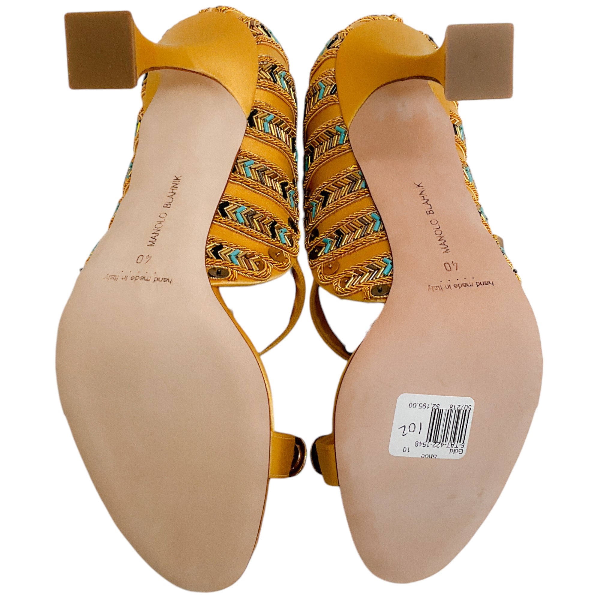 Manolo Blahnik Gold Embellished Satin Tat 105 Pumps - Women's Luxury High Heels for Parties, Weddings & Special Occasions
