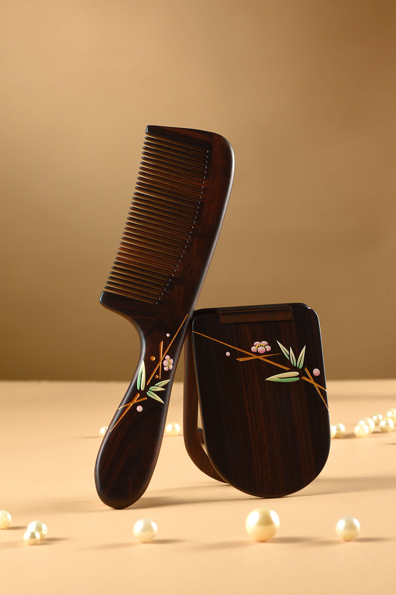 Premium Blackwood Hair Comb & Mirror Set - Natural Wooden Detangling Comb & Handheld Mirror for Women - Perfect for Travel, Home, and Salon Use