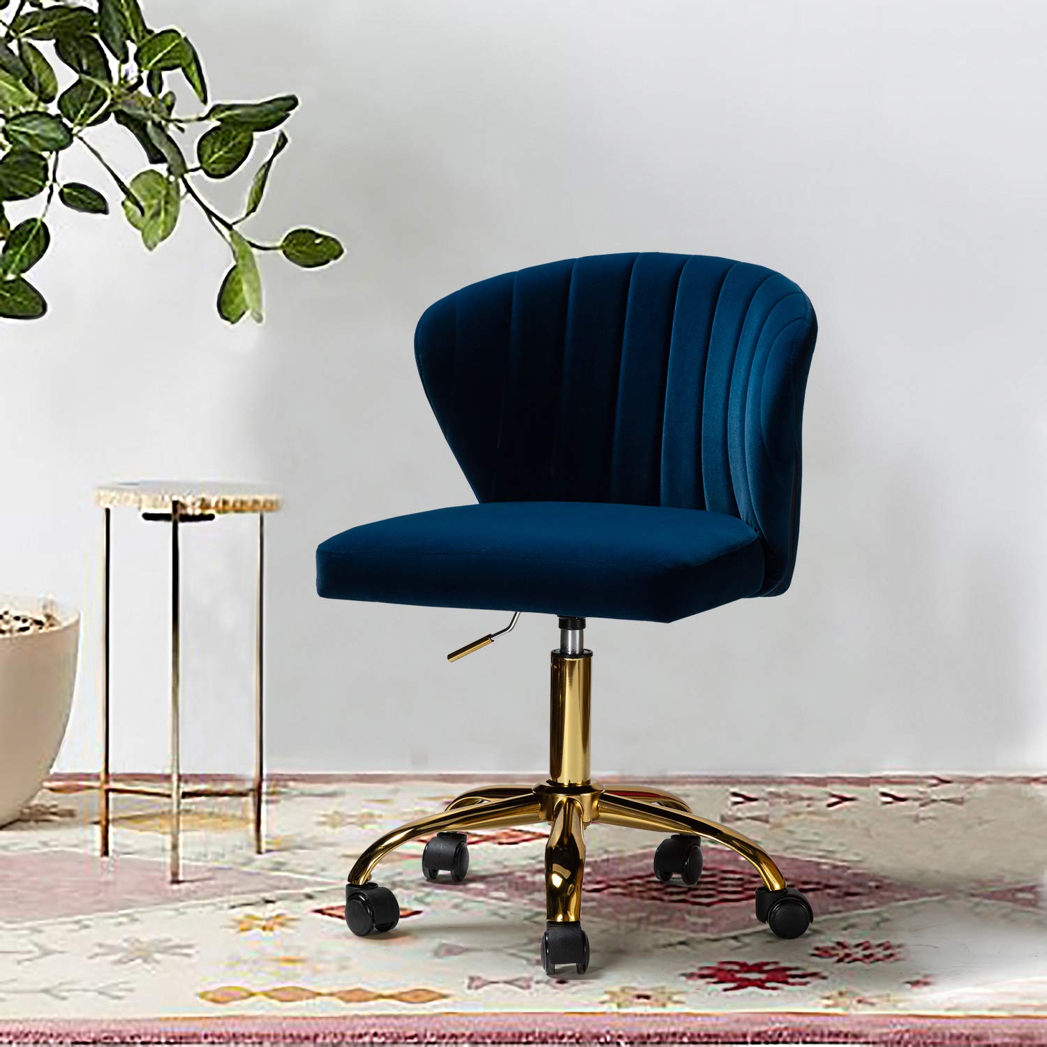 TINA'S HOME Modern Velvet Armless Office Chair with Wheels & Gold Base - Adjustable Low Back Swivel Rolling Task Chair for Home Office, Living Room, Vanity or Study - Navy Blue Upholstered Desk Chair for Comfortable Workspace