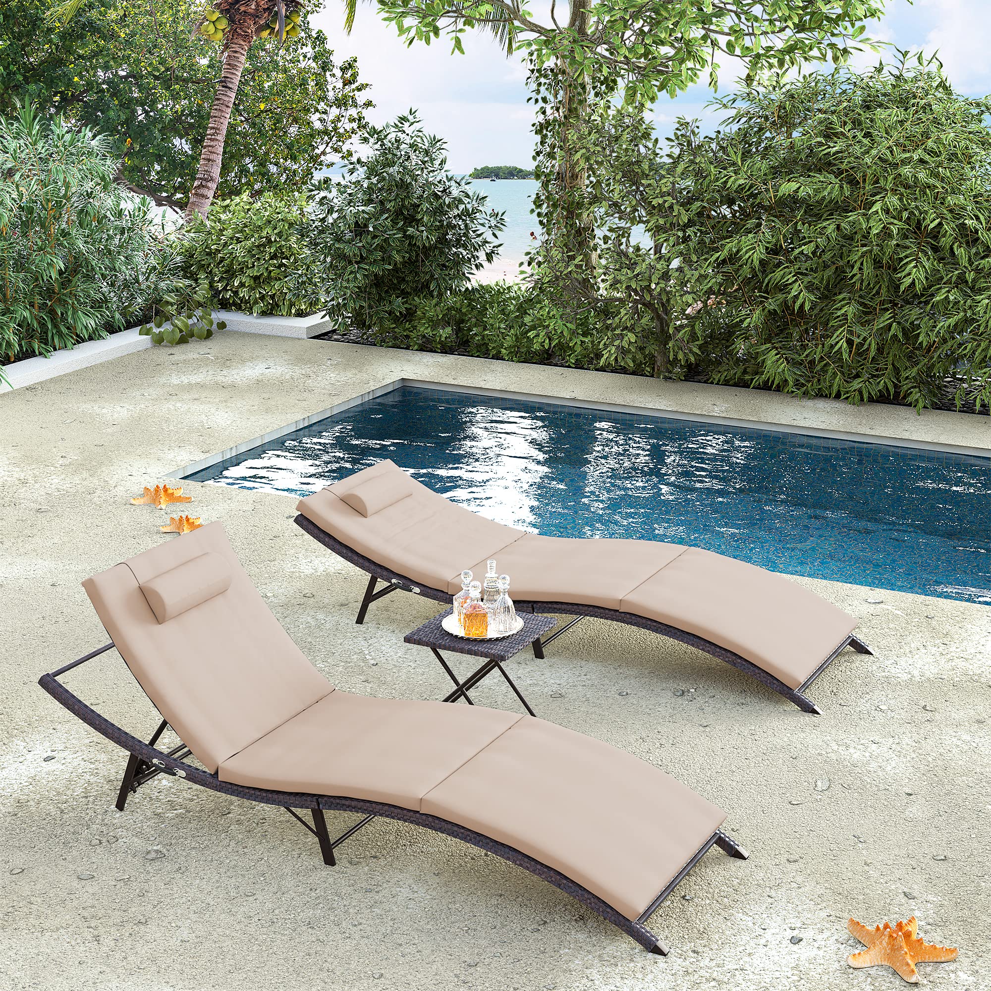 3-Piece Patio Chaise Lounge Set with Adjustable Rattan Backrest & Folding Table - Outdoor Furniture for Beach, Poolside, Backyard, Porch & Garden Relaxation