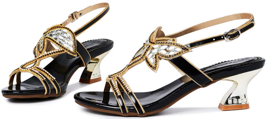 YooPrettyz Women's Rhinestone Crystal Butterfly Evening Sandals - Chunky Low Heel Prom Party Shoes for Weddings, Dances & Special Occasions