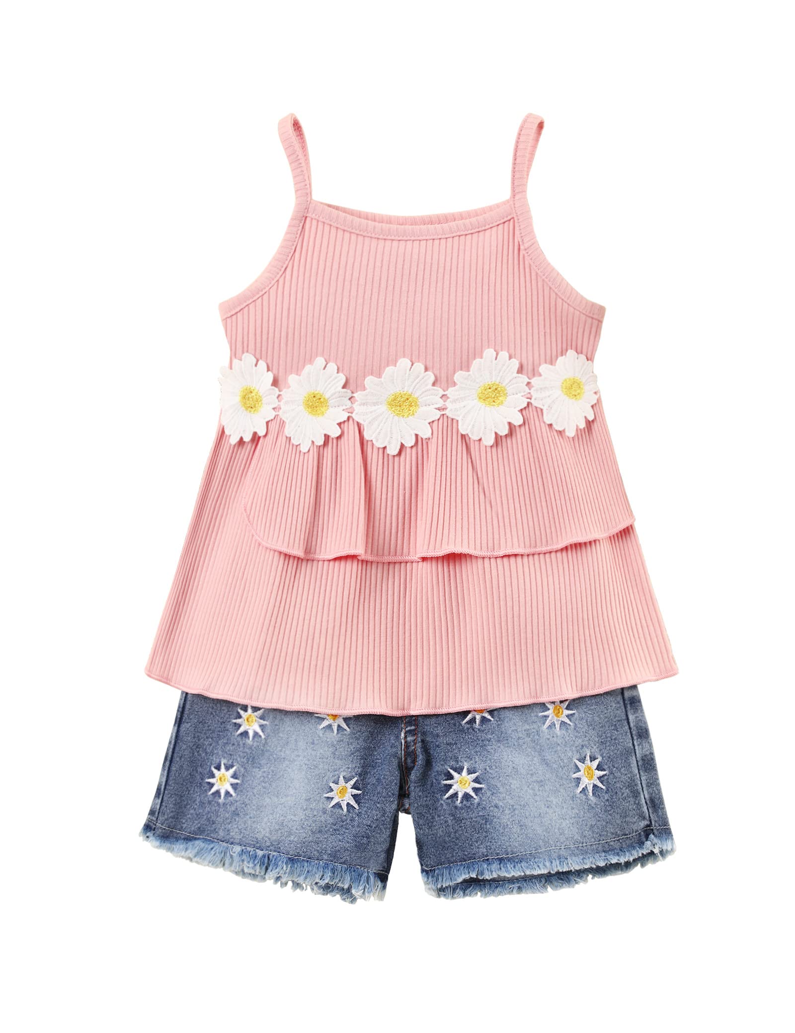 Toddler Girl Summer Outfits - Ruffle Daisy Camisole Tank Top & Denim Shorts Set (2-6T) | Cute Casual Playwear for Beach, Park & Summer Activities
