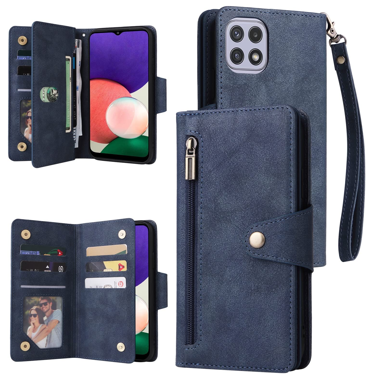 Premium Leather Flip Wallet Case for Samsung Galaxy A22 5G - Magnetic Multi-Card Holder with Zipper Closure | Stylish Protective Phone Cover for Everyday Use, Travel & Business Meetings