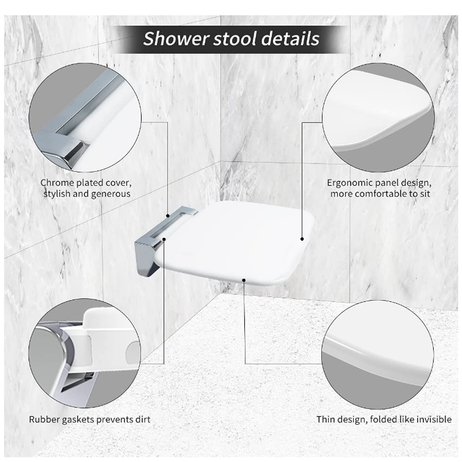EEUK Foldable Shower Seat for Elderly & Disabled - Wall Mounted Shower Chair with 440lb Weight Capacity - Fold Down Shower Bench for Seniors, Pregnant Women & Handicapped - Perfect for Bathroom Safety & Assisted Bathing