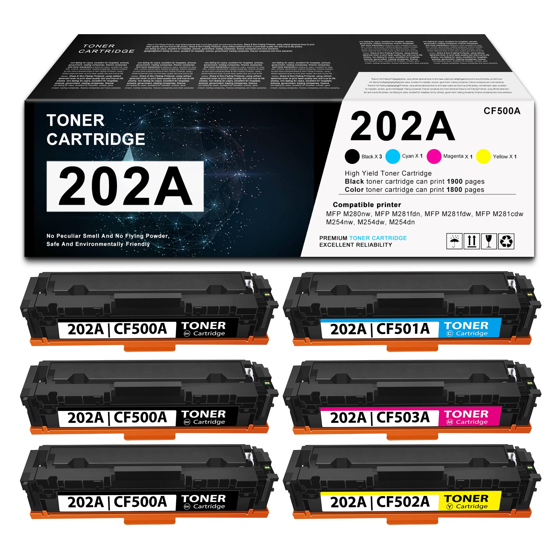 6PK High Yield Toner Cartridge: CF500A CF501A CF502A CF503A - LVELIMIT Compatible Replacement for HP M280nw M281fdn M281fdw M281cdw M254dn M254nw M254dw Printers (3 Black + 1 Cyan + 1 Magenta + 1 Yellow) - Perfect for Office, Home & Small Business Printing Needs