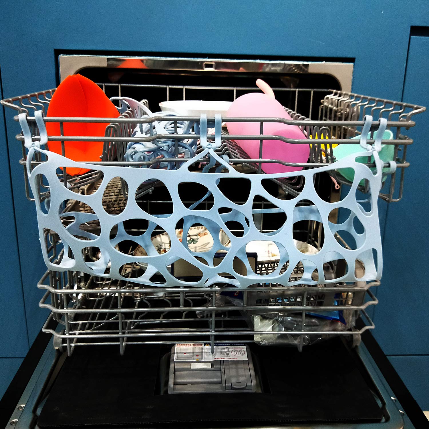 REVEX Silicone Dishwasher Basket for Baby Bottles & Utensils - Adjustable Hooks, Mesh Cover (9.8