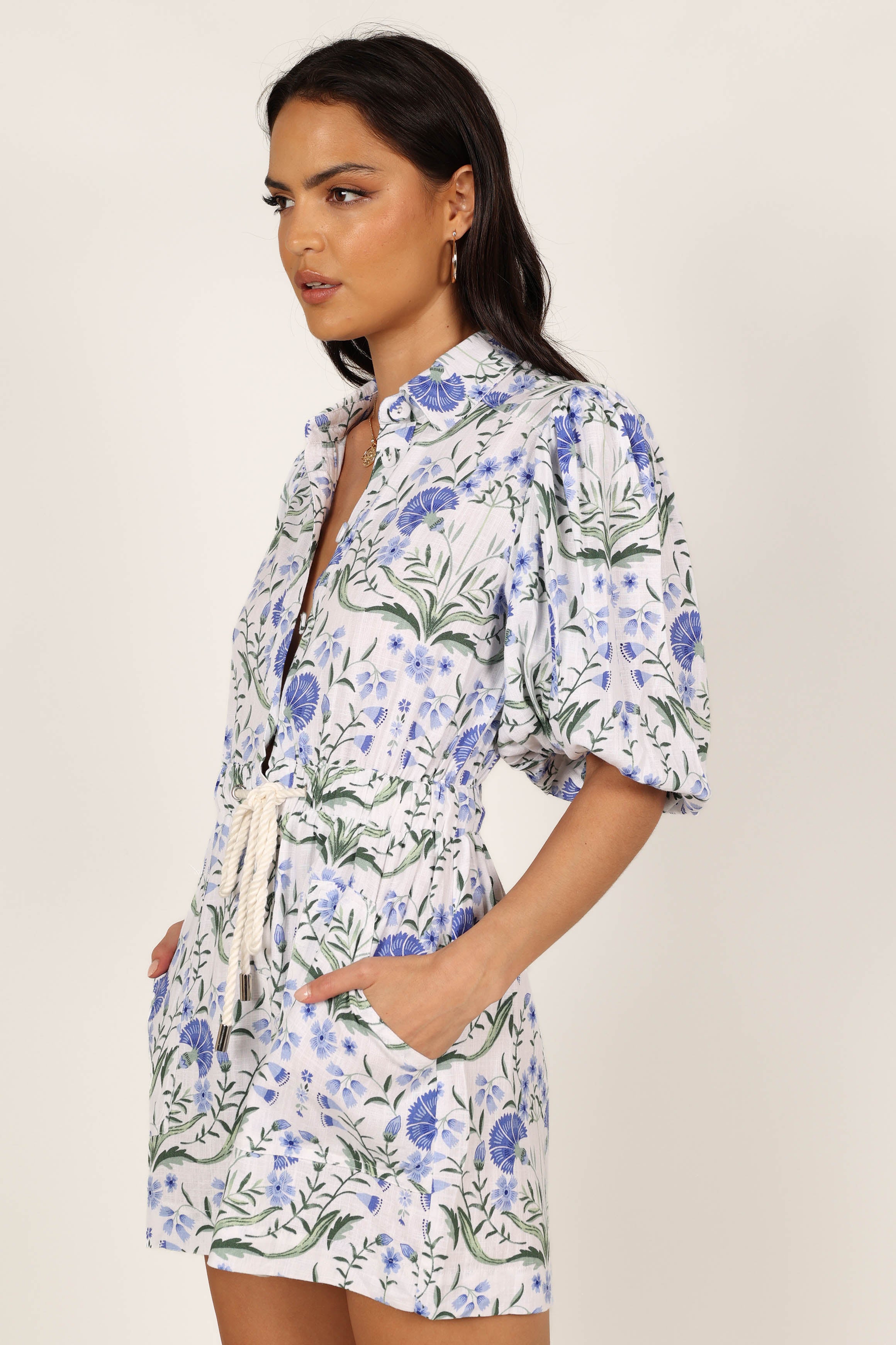 Annie Linen Romper - Blue Floral Summer Jumpsuit for Women | Casual Boho Outfit for Beach, Vacation & Outdoor Activities