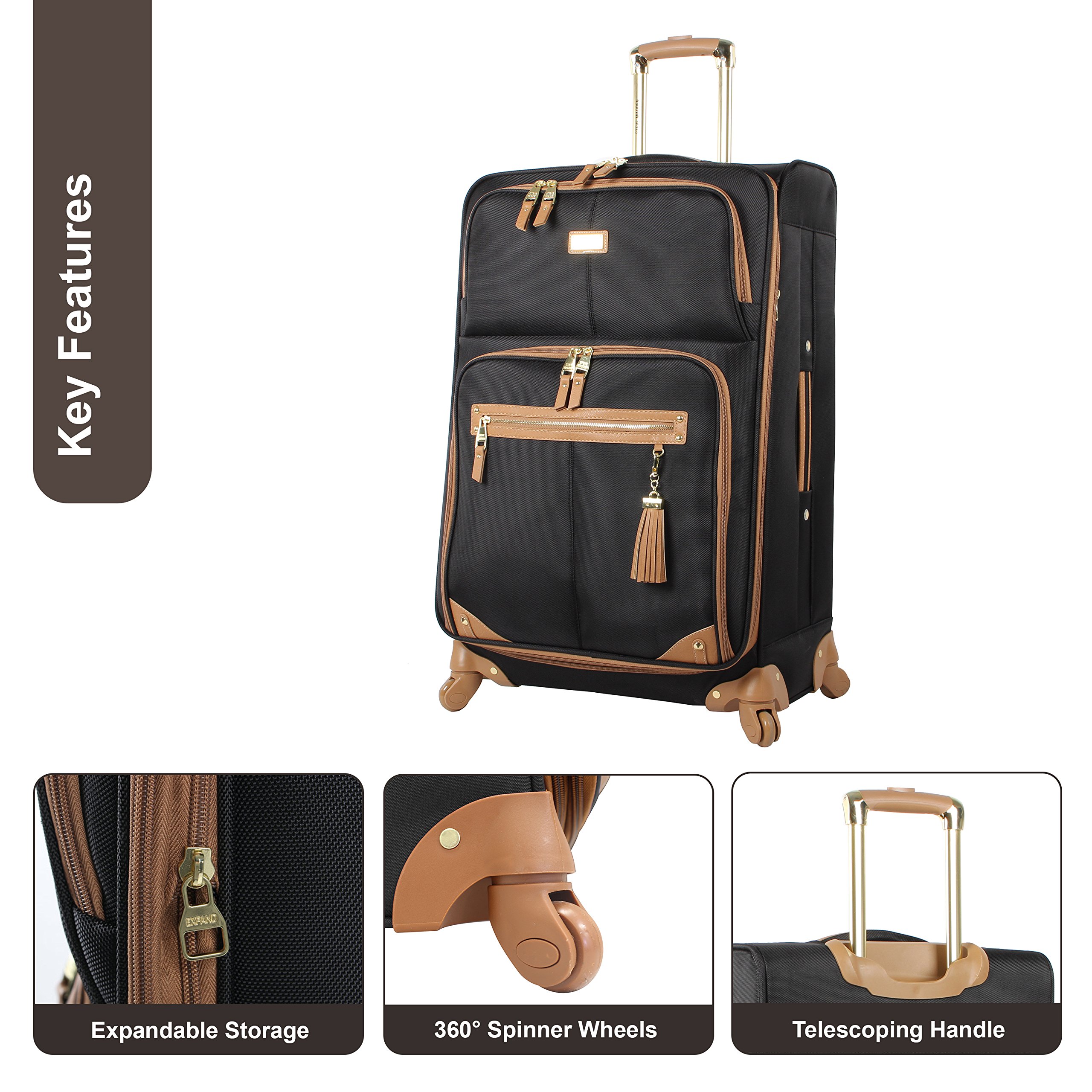 Steve Madden Designer 24 Inch Expandable Softside Spinner Luggage - Lightweight Checked Suitcase with 4-Wheel Rolling System (Harlo Black) - Perfect for Business Travel, Vacation & Airplane Trips