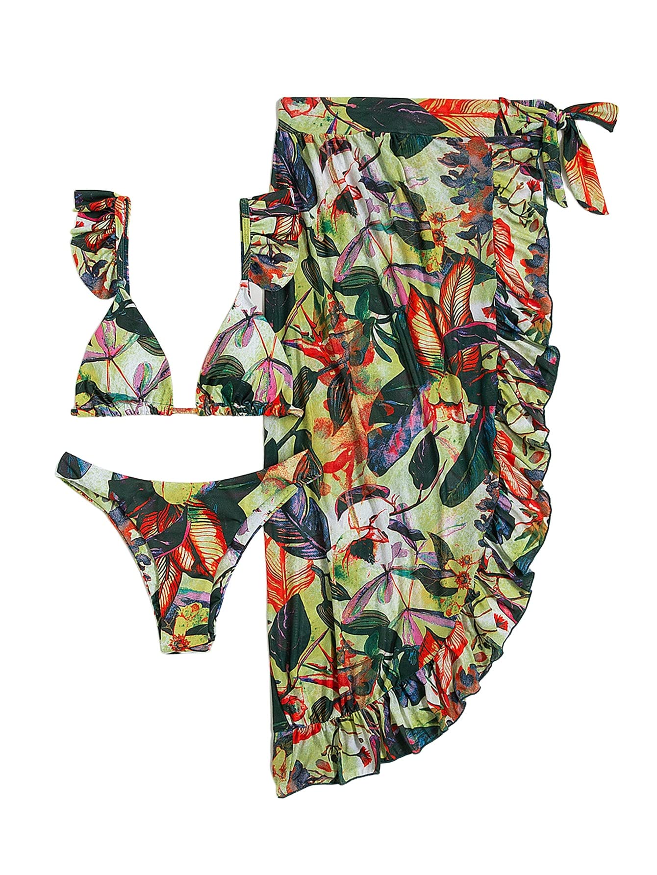 SweatyRocks Women's 3 Piece Tropical Ruffle Halter Bikini Set with Cover Up Skirt - Sexy Swimwear for Beach Vacation, Pool Party & Summer Getaways