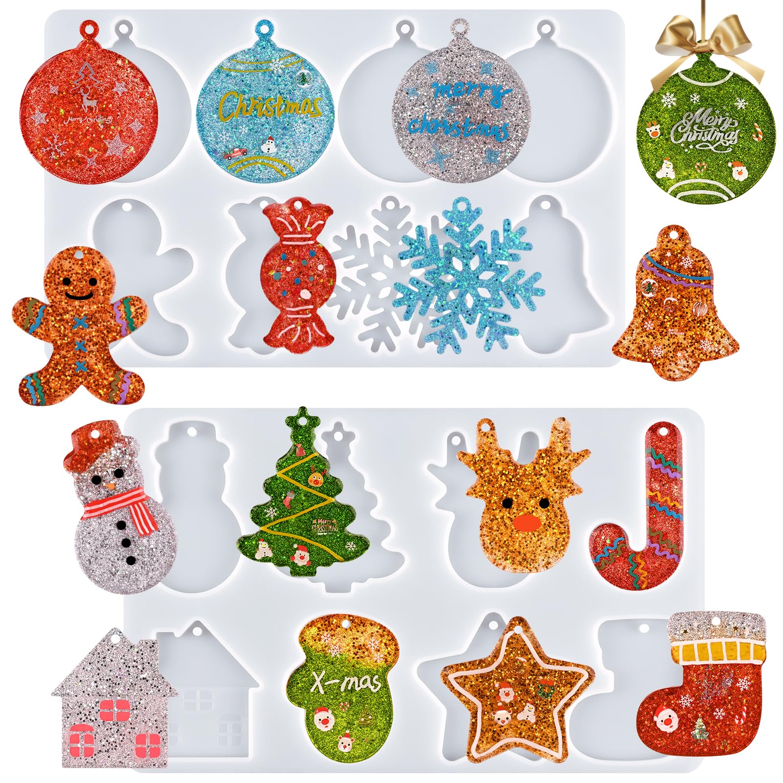 2-Piece Christmas Resin Molds Set - 16 Cavity Silicone Ornament Molds for DIY Epoxy Resin Crafts, Jewelry & Keychains | Perfect for Xmas Tree Decorations, Holiday Gifts & Festive Home Decor