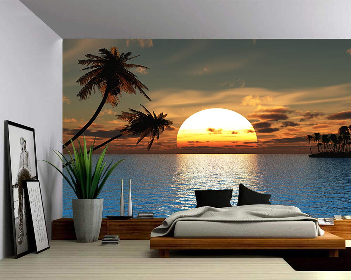 Self-Adhesive Tropical Sunset Seascape Wall Mural - 96x66 Inch Peel & Stick Canvas Texture Vinyl Wallpaper with Palm Trees | Perfect for Bedroom, Living Room & Office Decor