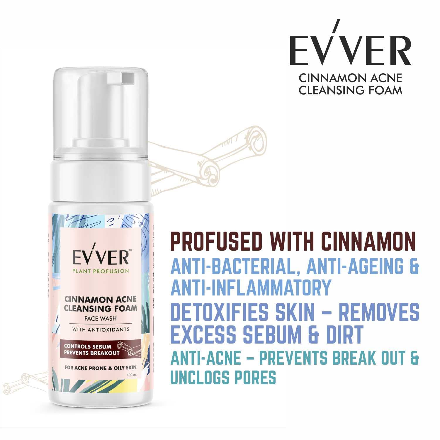 **Essentium Phygen Evver Cinnamon Acne Cleansing Foam with Tea Tree Oil – 100ml – Deep Cleansing for Oily & Acne-Prone Skin – Perfect for Daily Face Wash Routine**