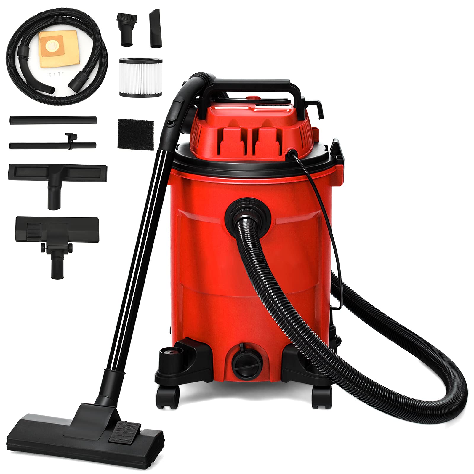 COSTWAY 3-in-1 Wet/Dry Vacuum Cleaner with Blower | 6.6 Gallon 4.8 HP Powerful Suction | Safety Protection & Portable Design | Ideal for Workshop, Car, Garage & Home Cleaning | 1200W Red Vacuum Cleaner for Heavy Duty Use