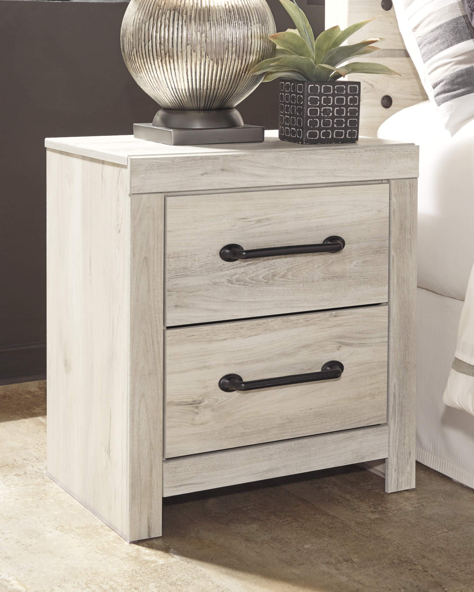Signature Design by Ashley Cambeck Farmhouse Industrial 2-Drawer Nightstand with USB Charging Stations - Whitewashed Wood Bedside Table with Slim Profile (24.37