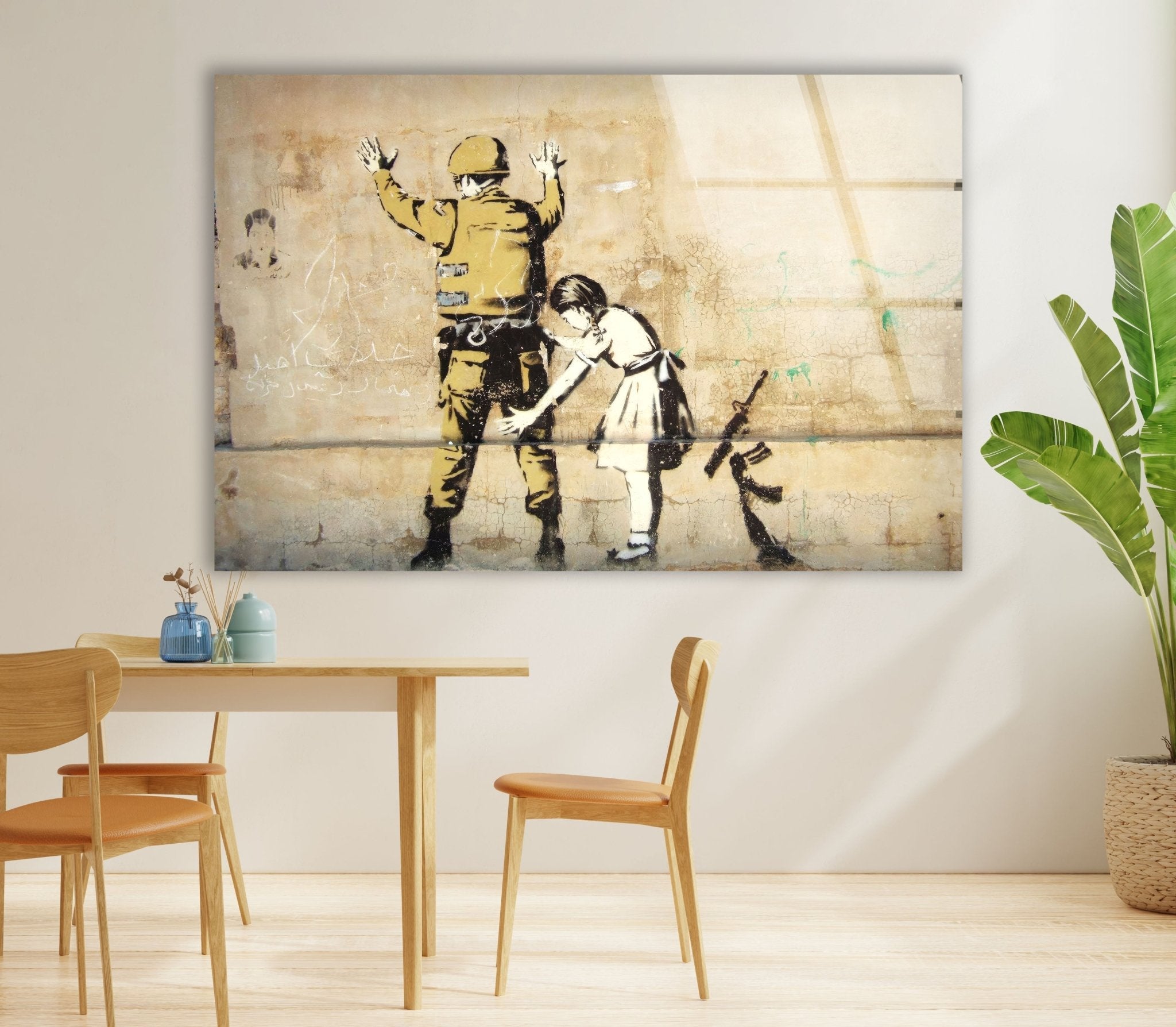 Banksy Girl Frisking Soldier Glass Wall Art - Stunning Home Decor for Living Room, Office & Gifts | Modern Framed Glass Print
