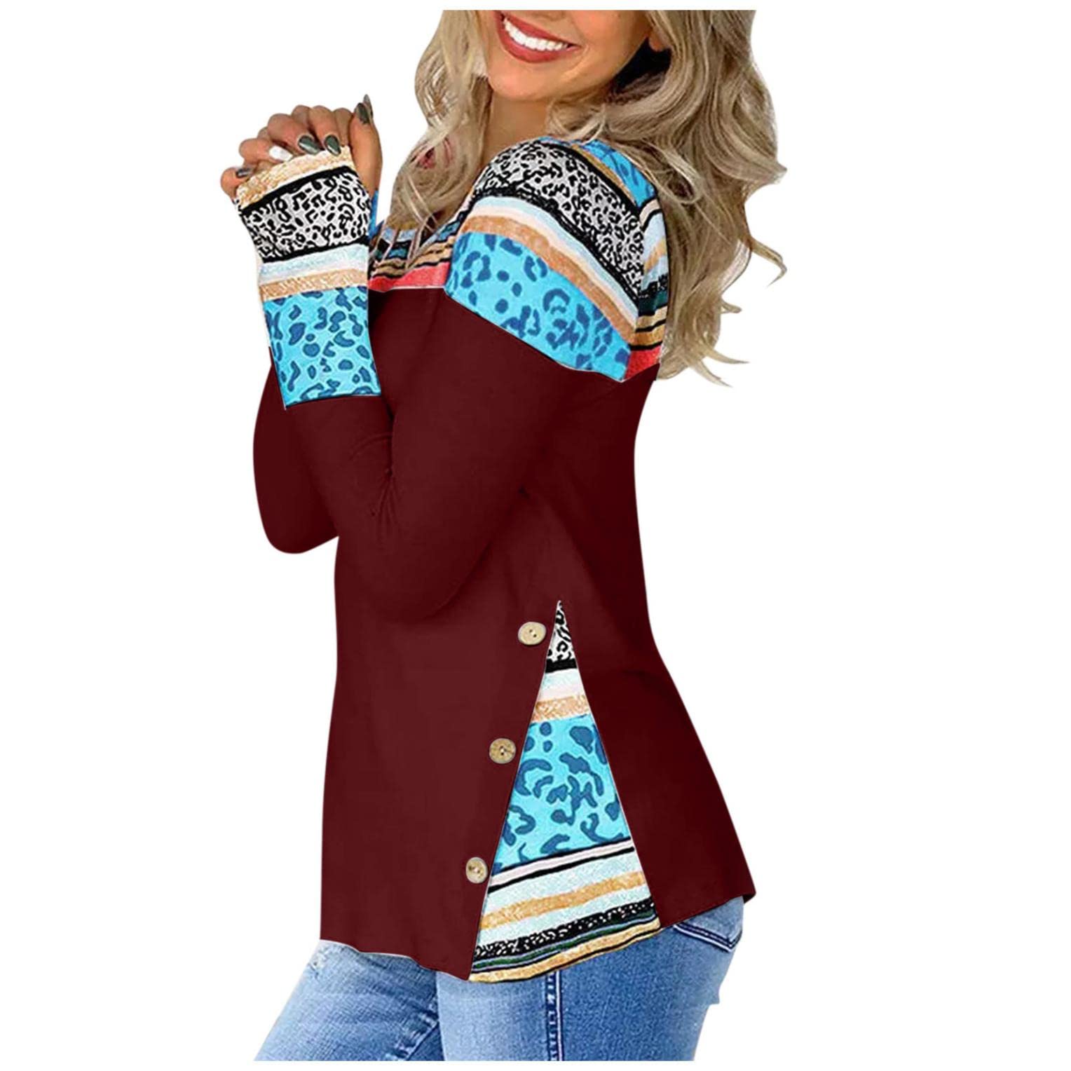 Women's Long Sleeve Graphic Split Tunic Top - Casual Loose Blouse Pullover for Everyday Wear | Perfect for Work, Date Night & Weekend Outfits