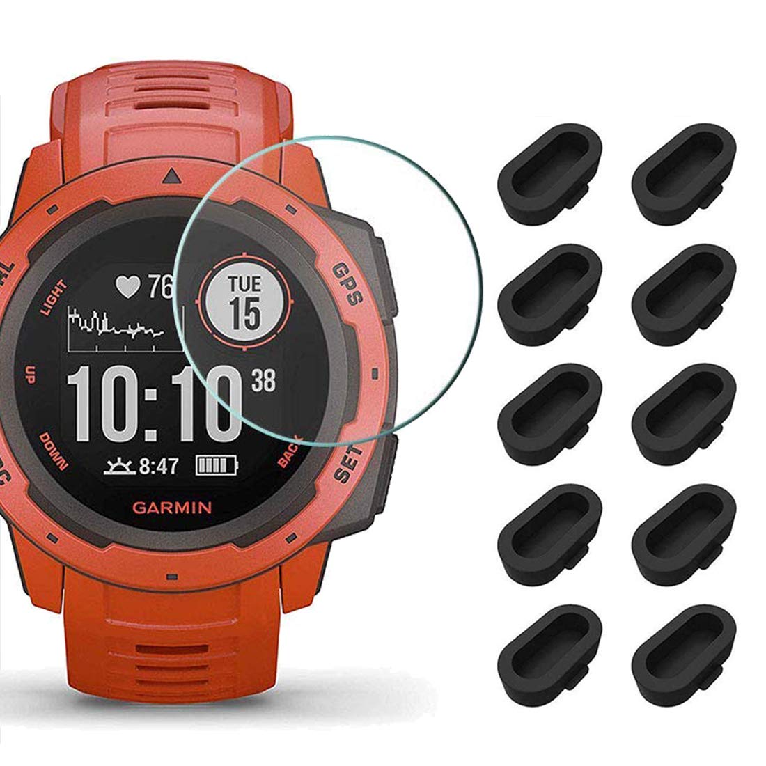 [10+2 Pack] Compatible Garmin Instinct Screen Protector with Charger Port Protector - Anti-Dust Silicone Plug & Tempered Glass Screen Film for Garmin Instinct Smartwatch - Perfect for Outdoor Sports, Hiking & Daily Protection