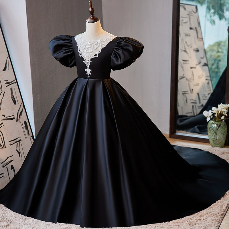 Black Princess Round Floor Length Satin Flower Girl Dress for Weddings, Pageants & Special Occasions