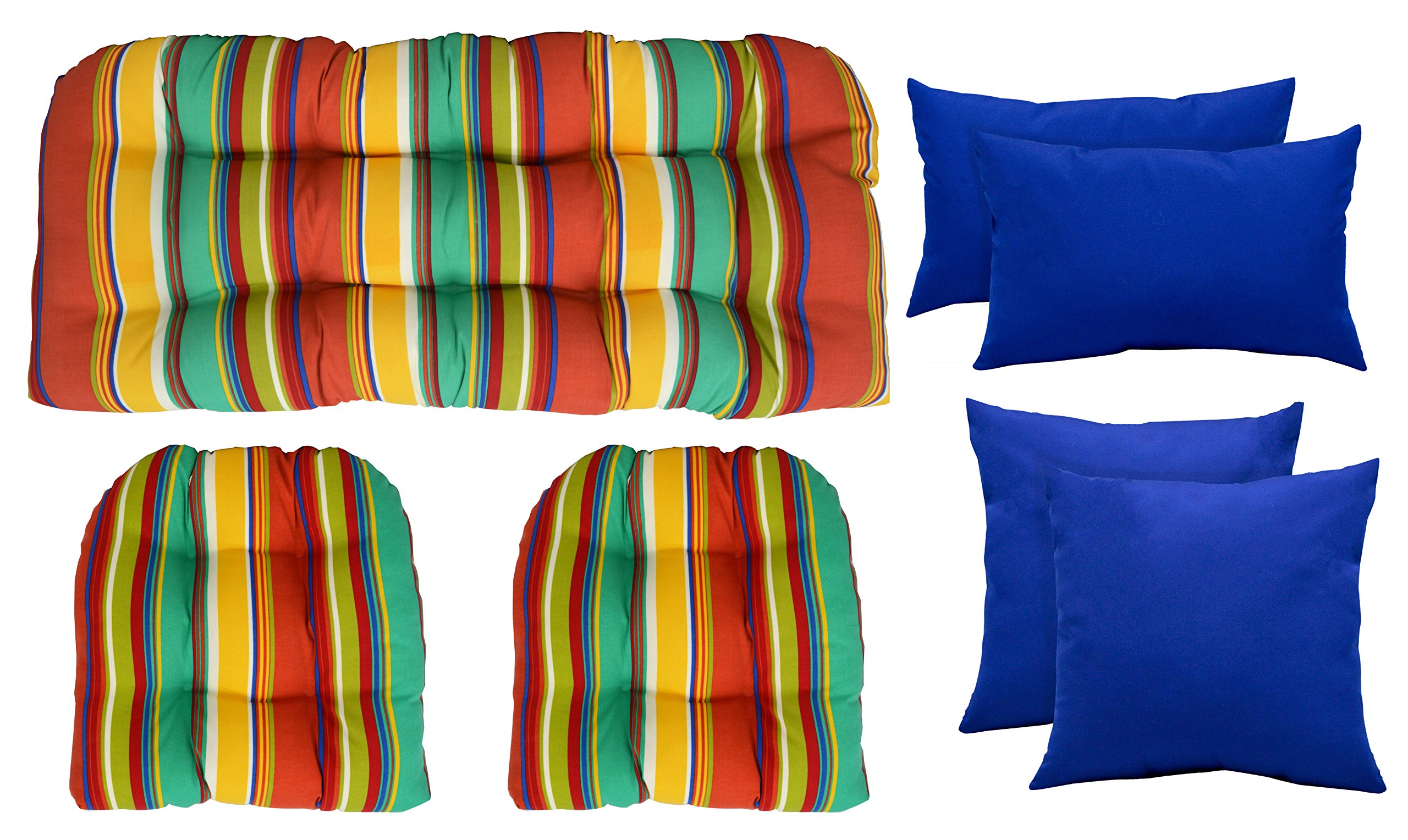 **RSH DECOR Indoor Outdoor Wicker & Pillow Set - 3-Piece Colorful Stripe Wicker Furniture with 4 Bright Solid Pillows (Blue, 41
